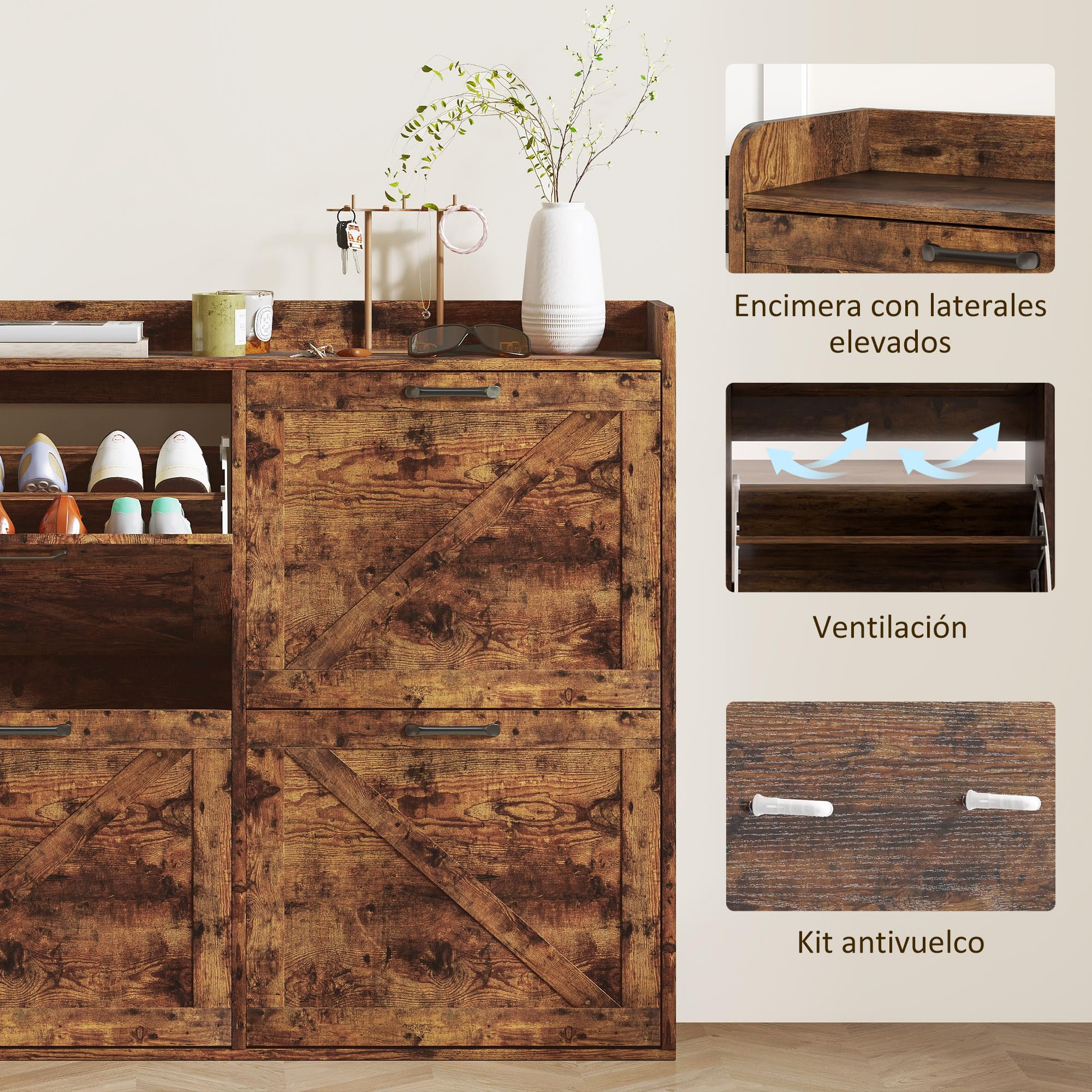 HOMCOM Mueble Zapatero Estrecho 4 Puertas 120x24x103 cm Marrón Rústico | Zapatero, Estantes Ajustables, Estilo Industrial, para 24 Pares de Zapatos, hasta Talla 46, para Recibidor Entrada