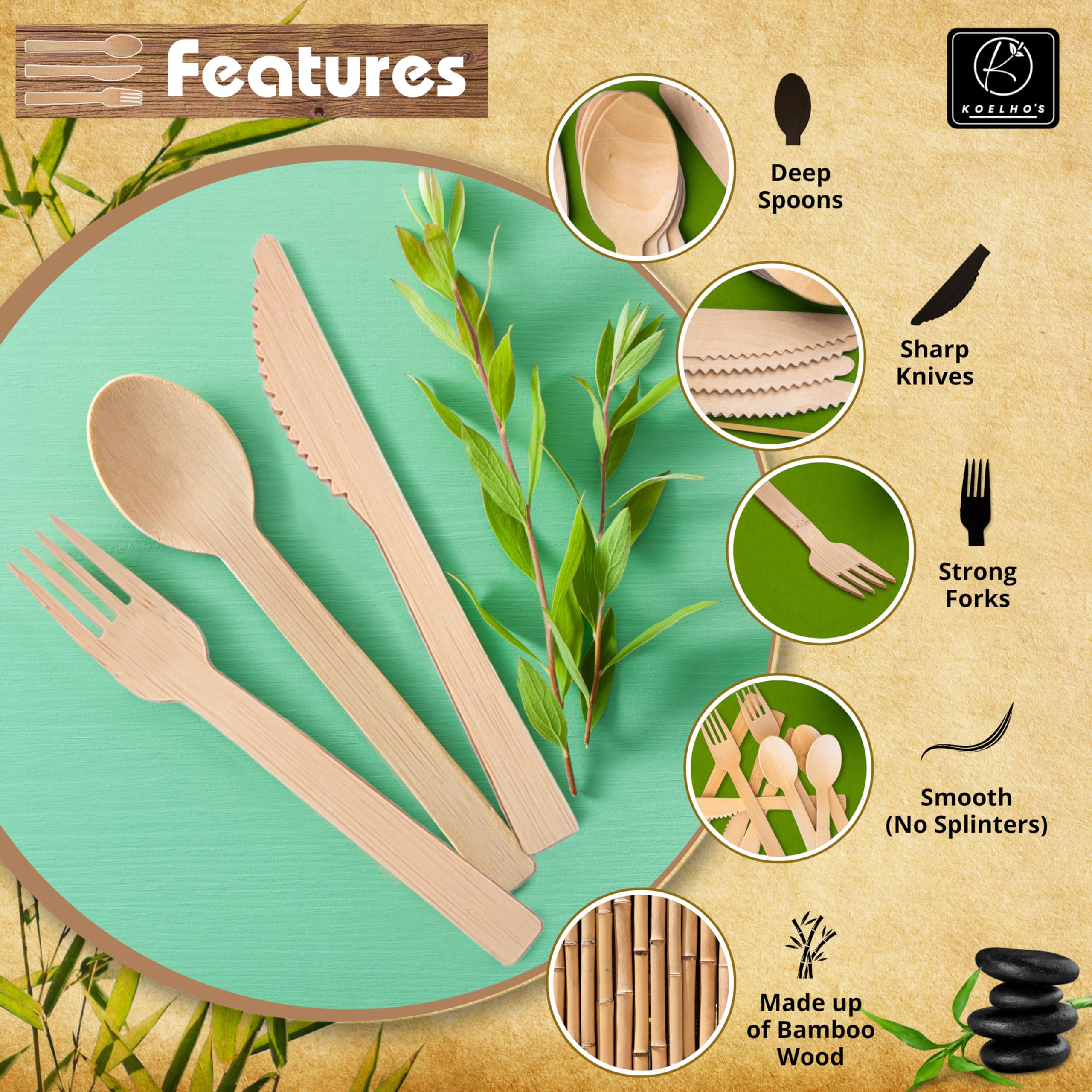 KOELHO'S Juego de cubiertos de bambú 100 % natural, 24 cuchillos, 24 tenedores y 24 cucharas, juego de utensilios de bambú reutilizables para fiestas, bodas, pícnics (paquete de 48)