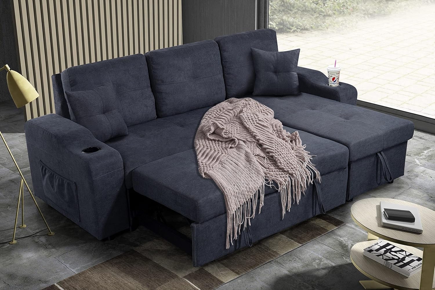 MOEO Living Room Convertible LShape Sleeper Sectional Sofa