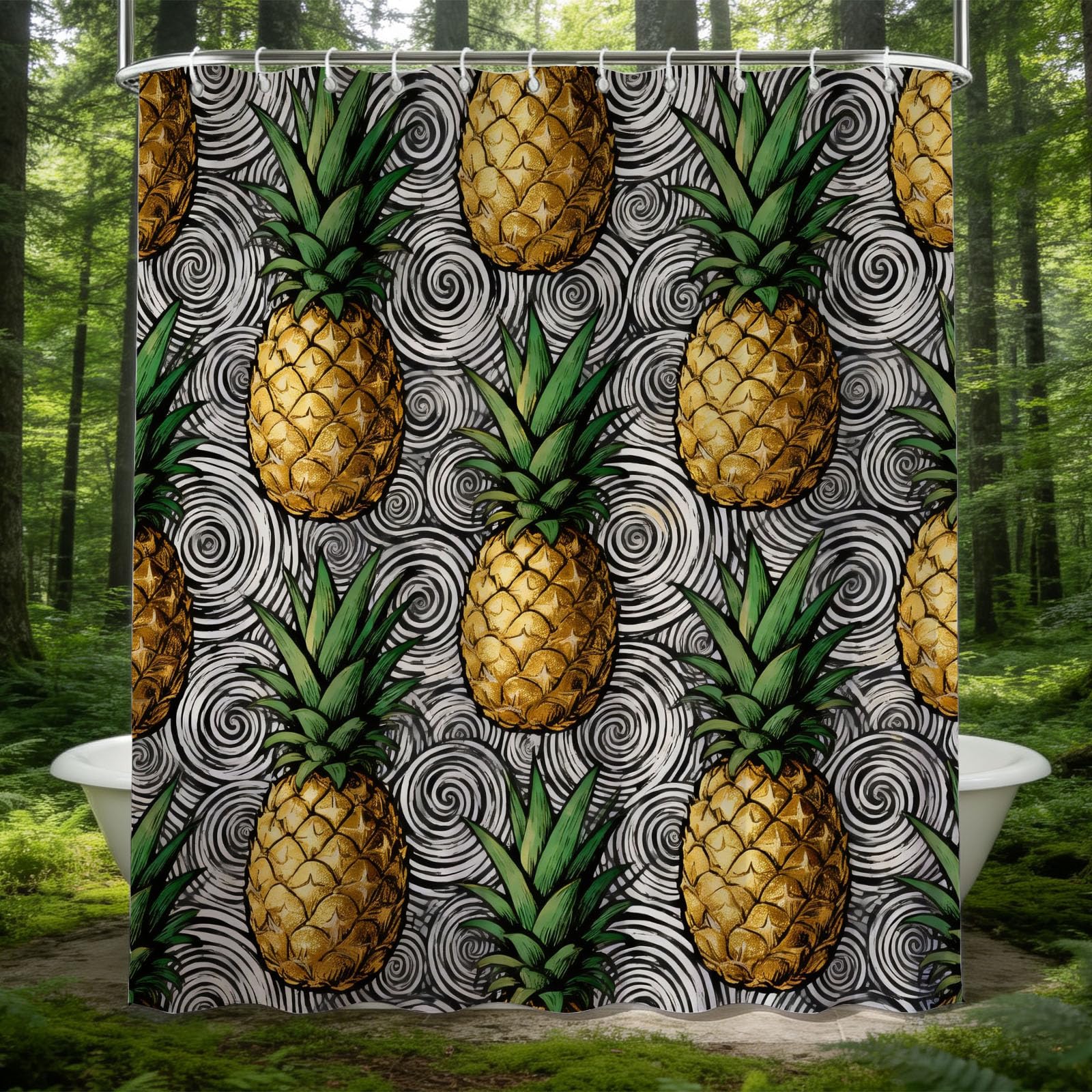 Hongduo 3D Cartoon Pineapple Shower Curtain for Stalls Bathtubs Geometric Art Bathroom Decor Shower Curtain Set Polyester Fabric Waterproof 200x200cm/79X79 Inch with Hooks