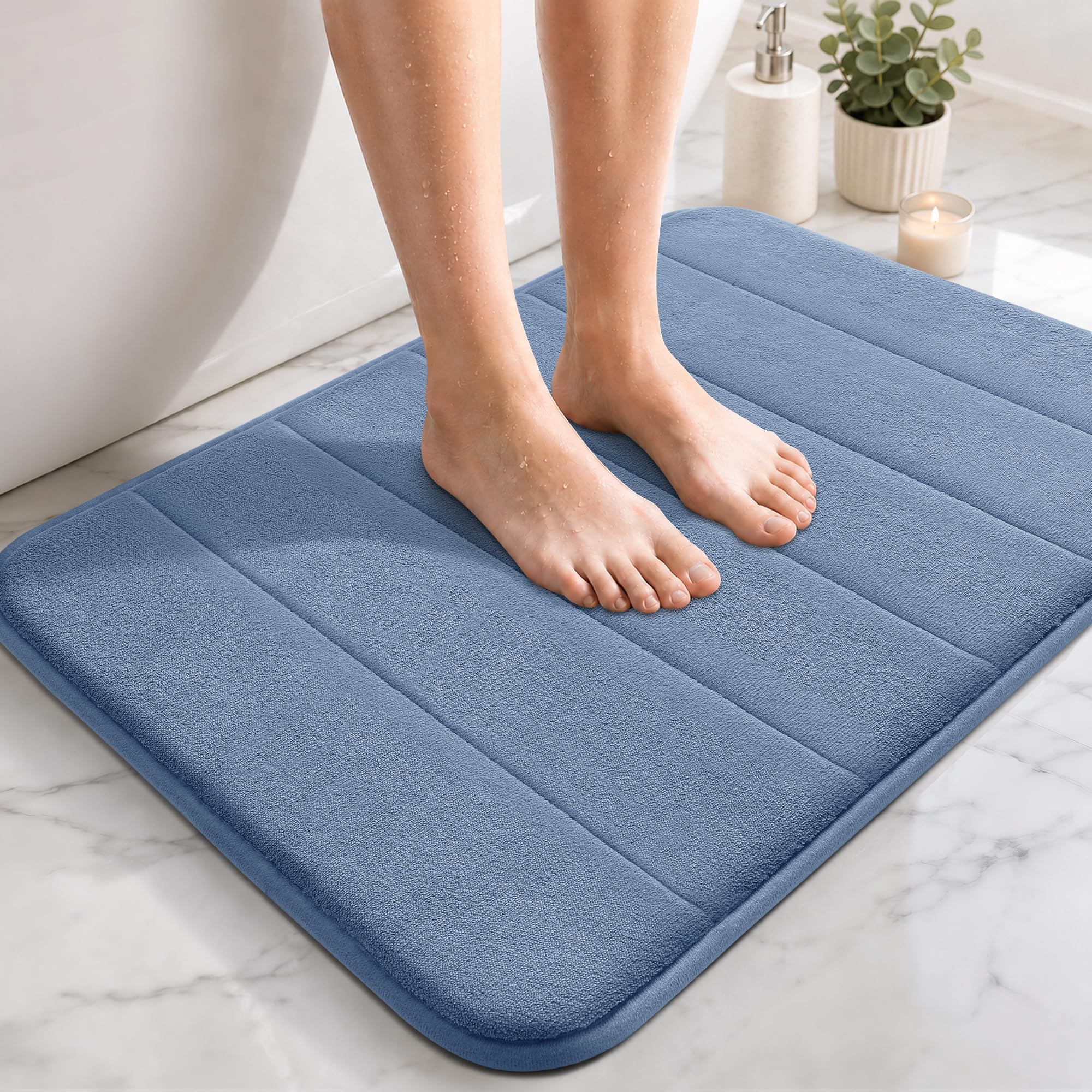 Yimobra Memory Foam Bath Mat Large Size, Soft and Comfortable, Super Water Absorption, Non-Slip, Thick, Machine Wash, Easier to Dry for Bathroom Floor Rug, Blue, 43 x 61 cm