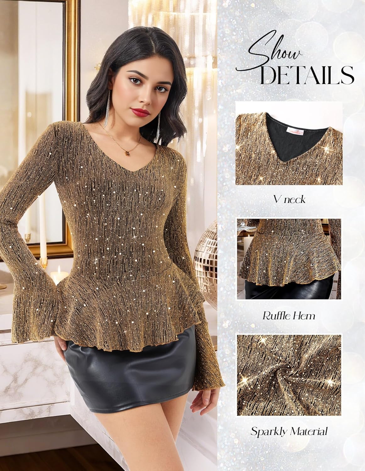 Sparkly Tops for Women Long Sleeve V Neck Ruffle Hem Sequin Shirts Glitter Blouses Evening Party Night - Image 5