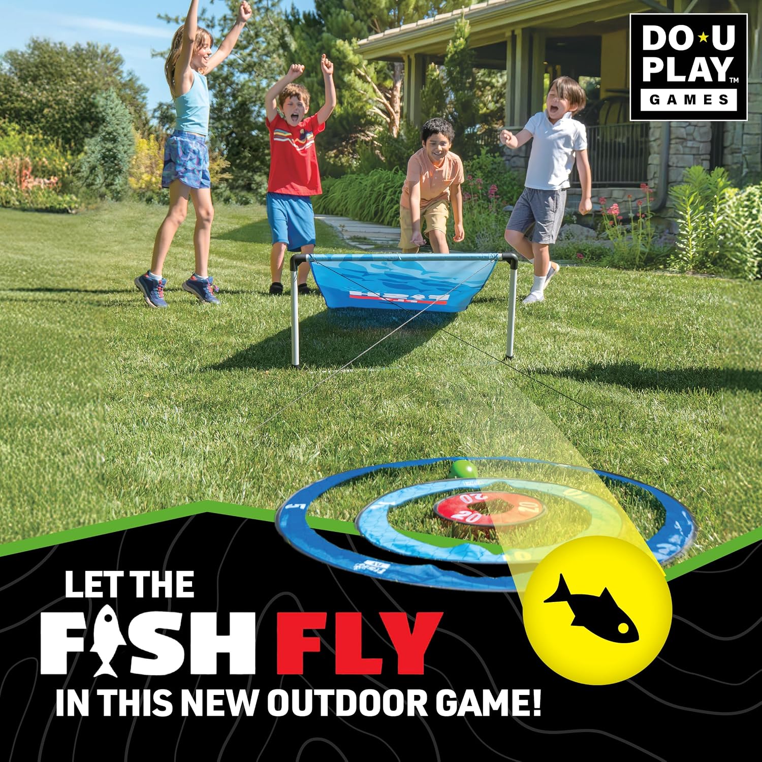 Fish Fly Ball Ramp Game - 6 Balls, 3 Target Rings, 1 Fish Fly Ramp, & Carrying Bag Included - Backyard Carnival Games for Adults or Kids - 2 to 6 Players - Ages 3+
