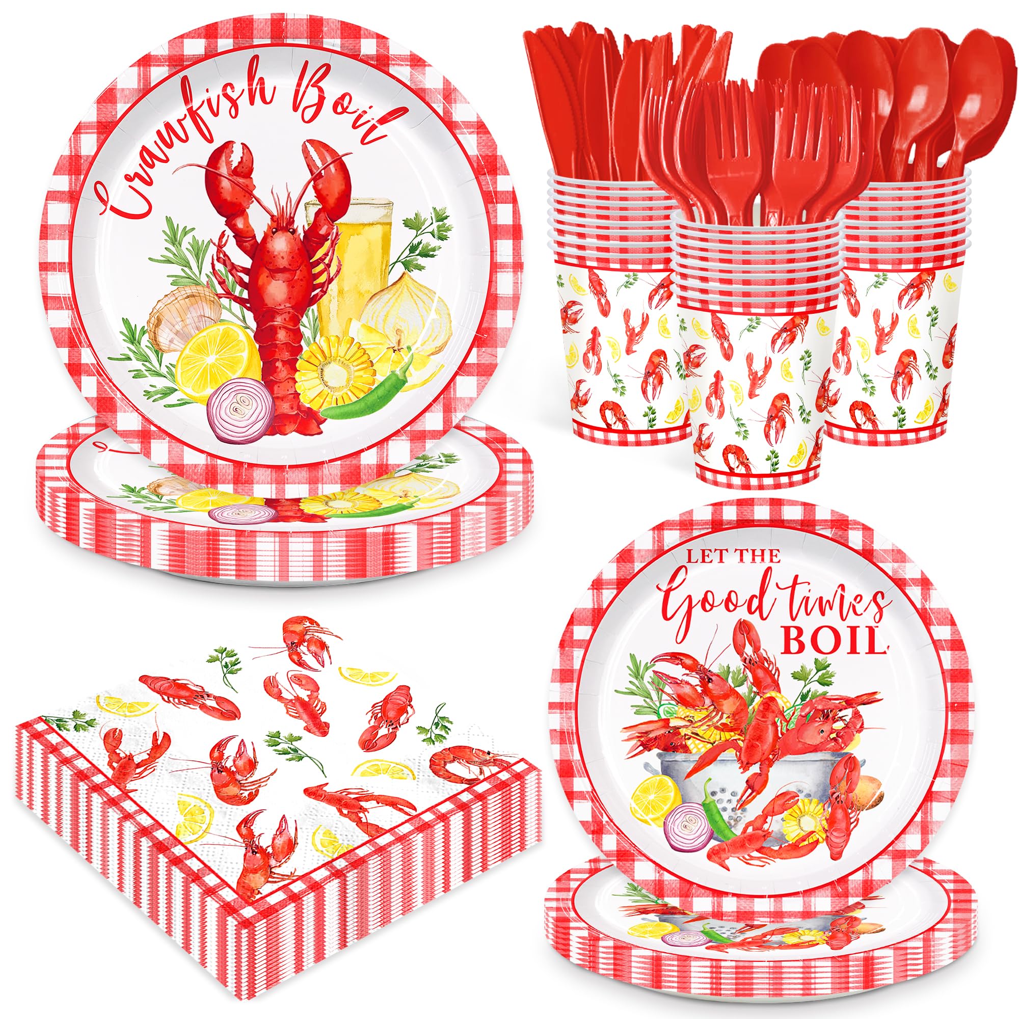 168pcs Crawfish Boil Plates Napkins Crawfish Boil Party Supplies Disposable Paper Cups Red Forks Tableware Set for Crayfish Crab Lobster Seafood