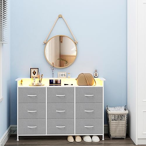 Miniatura 7 de EXOTICA - Cómoda gris con luz LED para dormitorio, cómoda con 9 cajones y estación de carga, cómodas y cómodas para entrada, armario, habitación de