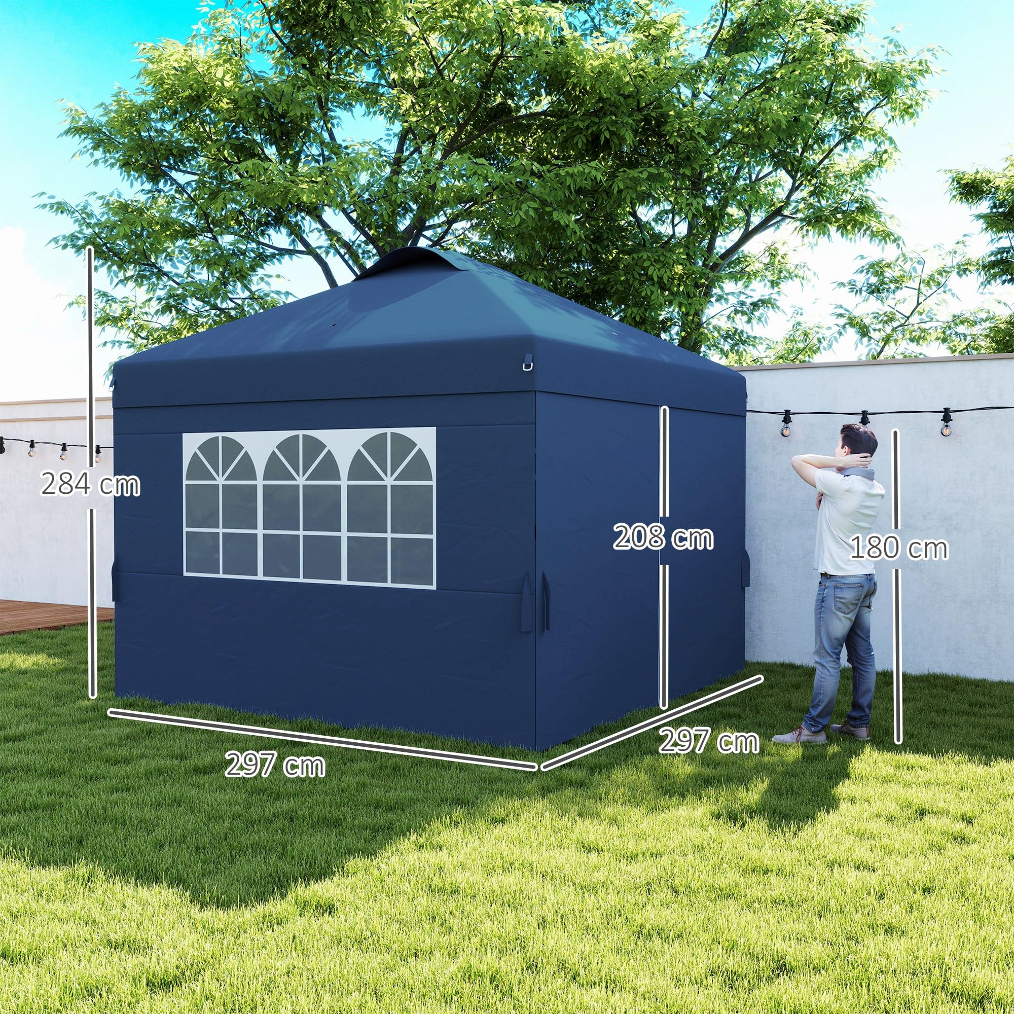 Outsunny Tonnelle de Jardin Pliante 3 x 3m Hauteur Réglable Bleu Foncé | Tente de Réception Pop-up, Parois Latérales, Aérations, Fenêtres, Sac de Transport à Roulettes, Tissu Oxford