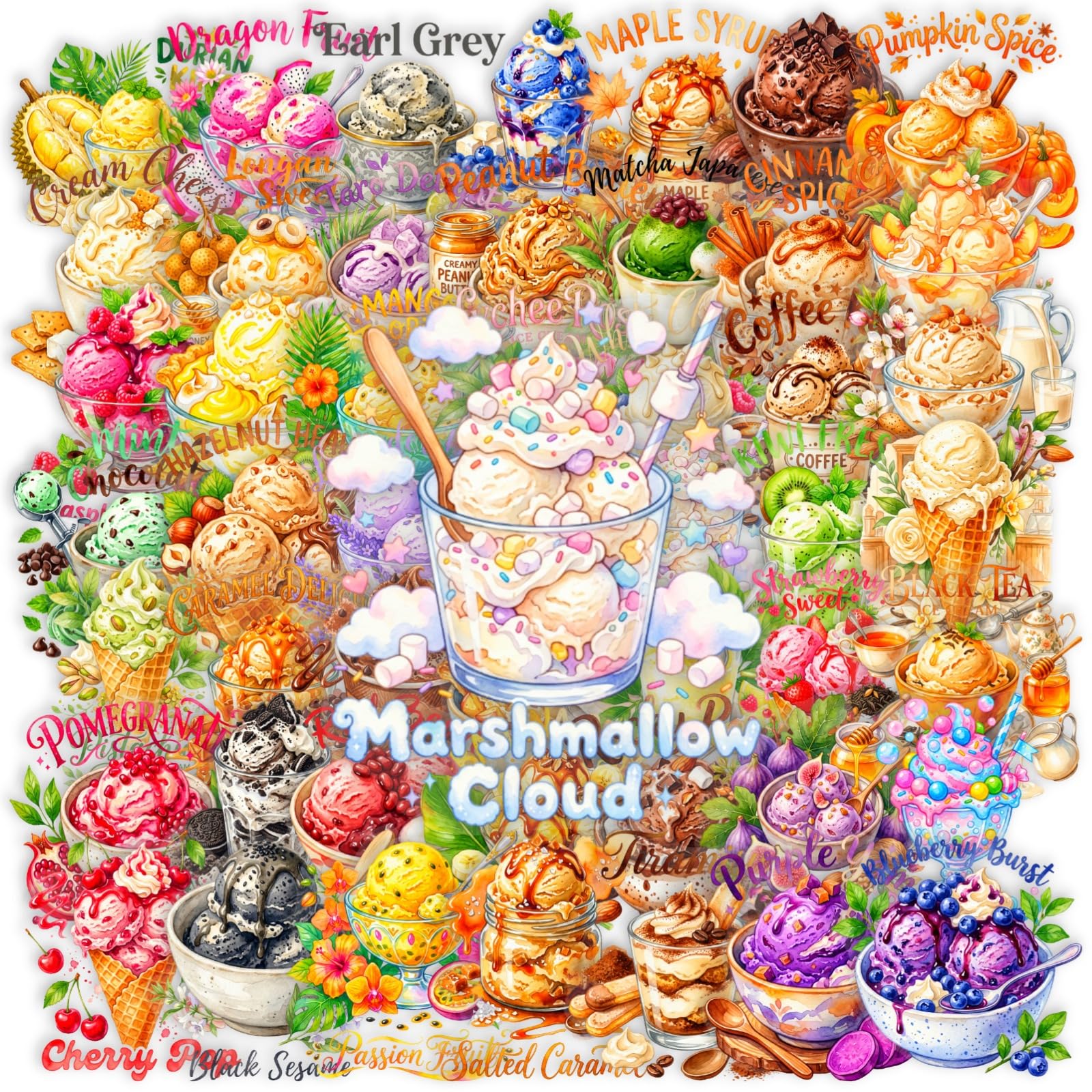 Pack of 50 Watercolour Ice Cream Dessert Vinyl Stickers Waterproof Self-Adhesive