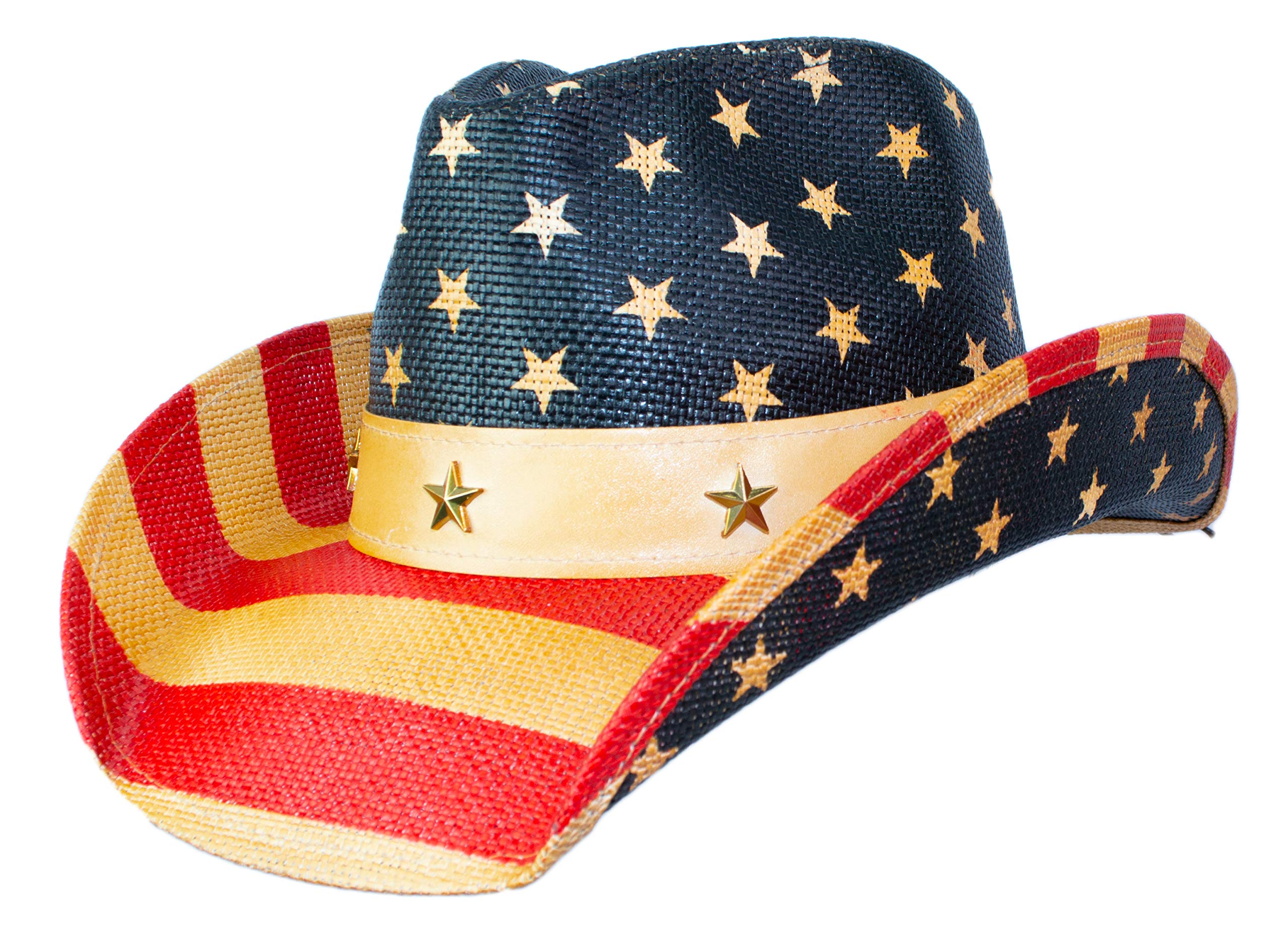 Vintage Patriotic USA American Flag Stars and Stripes Western Cowboy Hat for Men or Women, Shapable Brim - - L