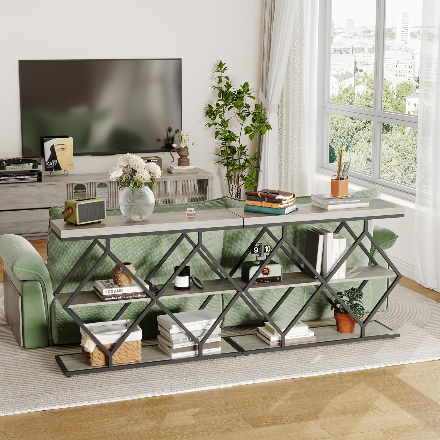 Garvee 3-Tier Entryway Table, Industrial Console Sofa Table with Storage, Accent Table with Open Shelves, Diamond-Shaped Metal Frame, Foyer Table for Entryway, Hallway, Gray