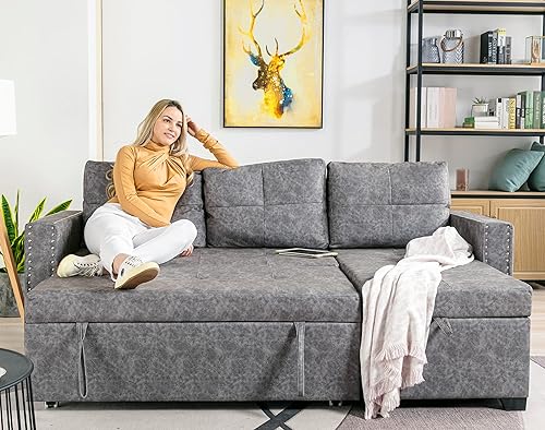 Miniatura 3 de SIYAHOME Cama de almacenamiento en forma de L, sofá modular extraíble con tapizado con ribete de cabeza de clavo, sofá de 3 plazas para sala de