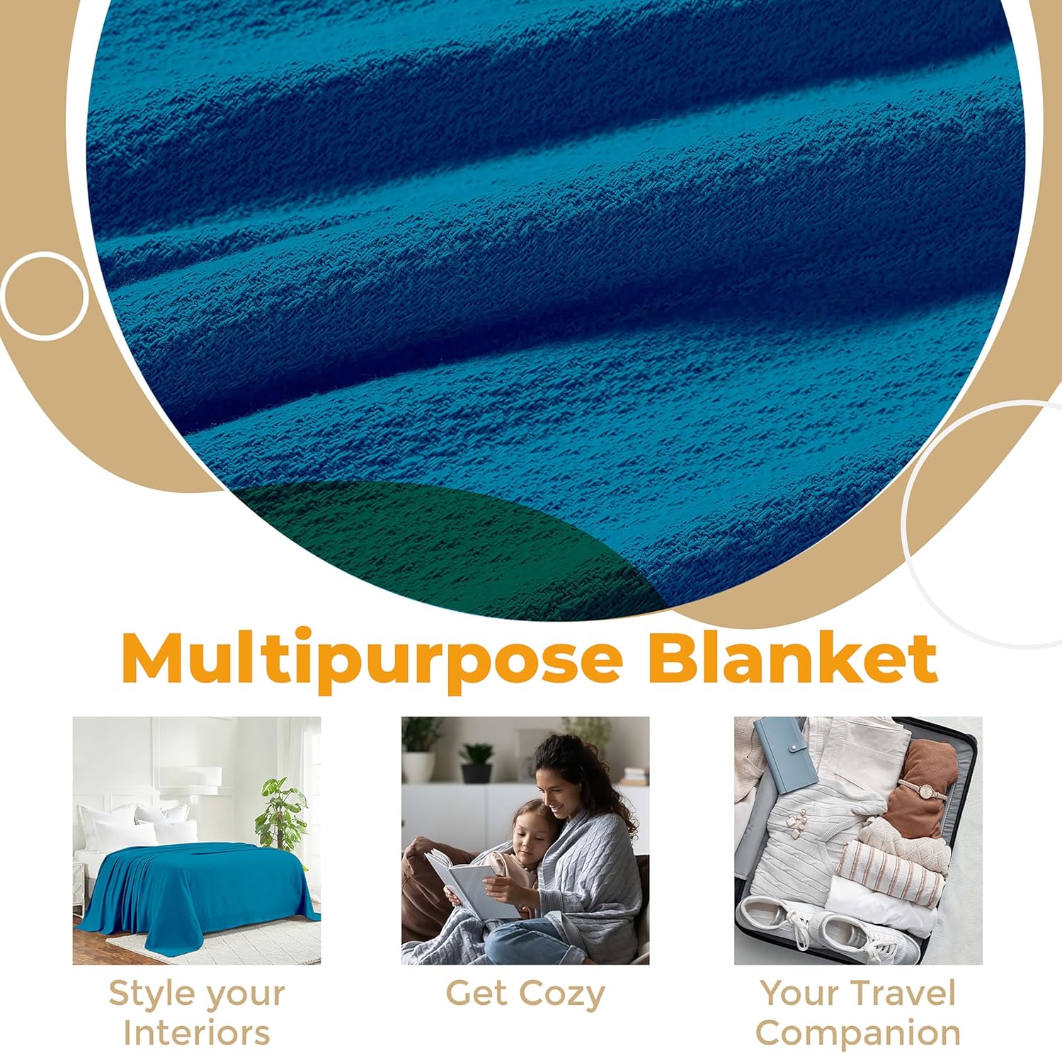 Superior Waffle Weave Cotton Blanket, for Picnic, Beach, Traveling or Camping, Comfy Blanket, Bedroom Decor, Essentials, Cover for Bed, Couch, Lounging, Honeycomb Knit, King, Azure