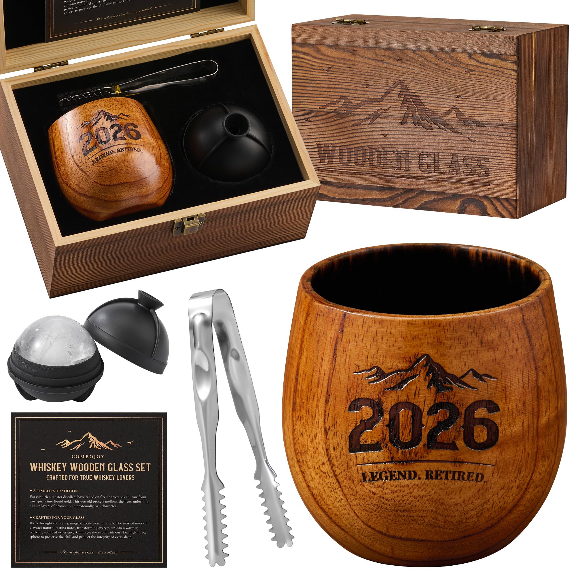 ComboJoy Regalos de jubilación para hombres – Juego de vasos de whisky de madera grabados Bourbon con caja de regalo, bandeja de hielo y pinzas | Regalo único para papá o marido