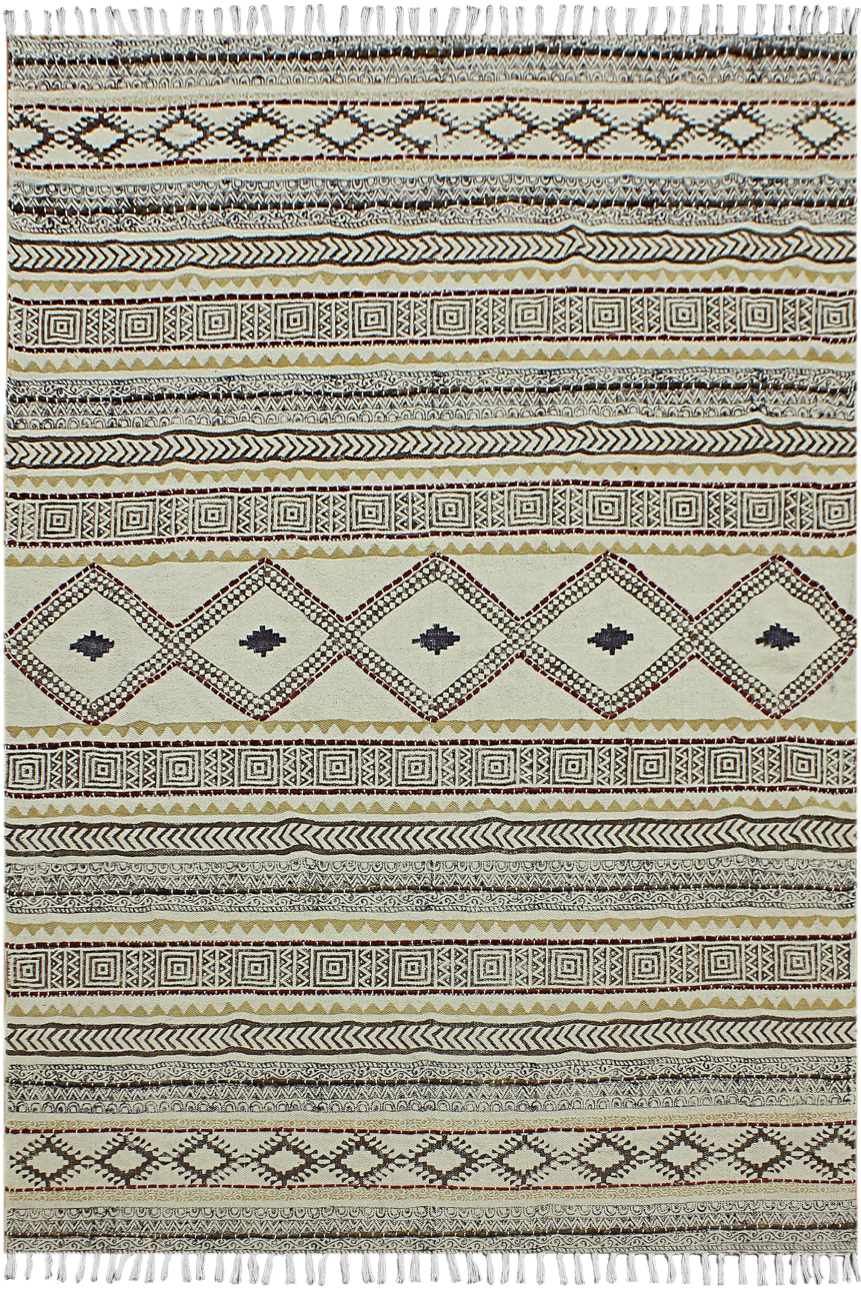 Tapis kilim beige et marron géométrique 20x25cm Dhurrie stone plat lavable salon