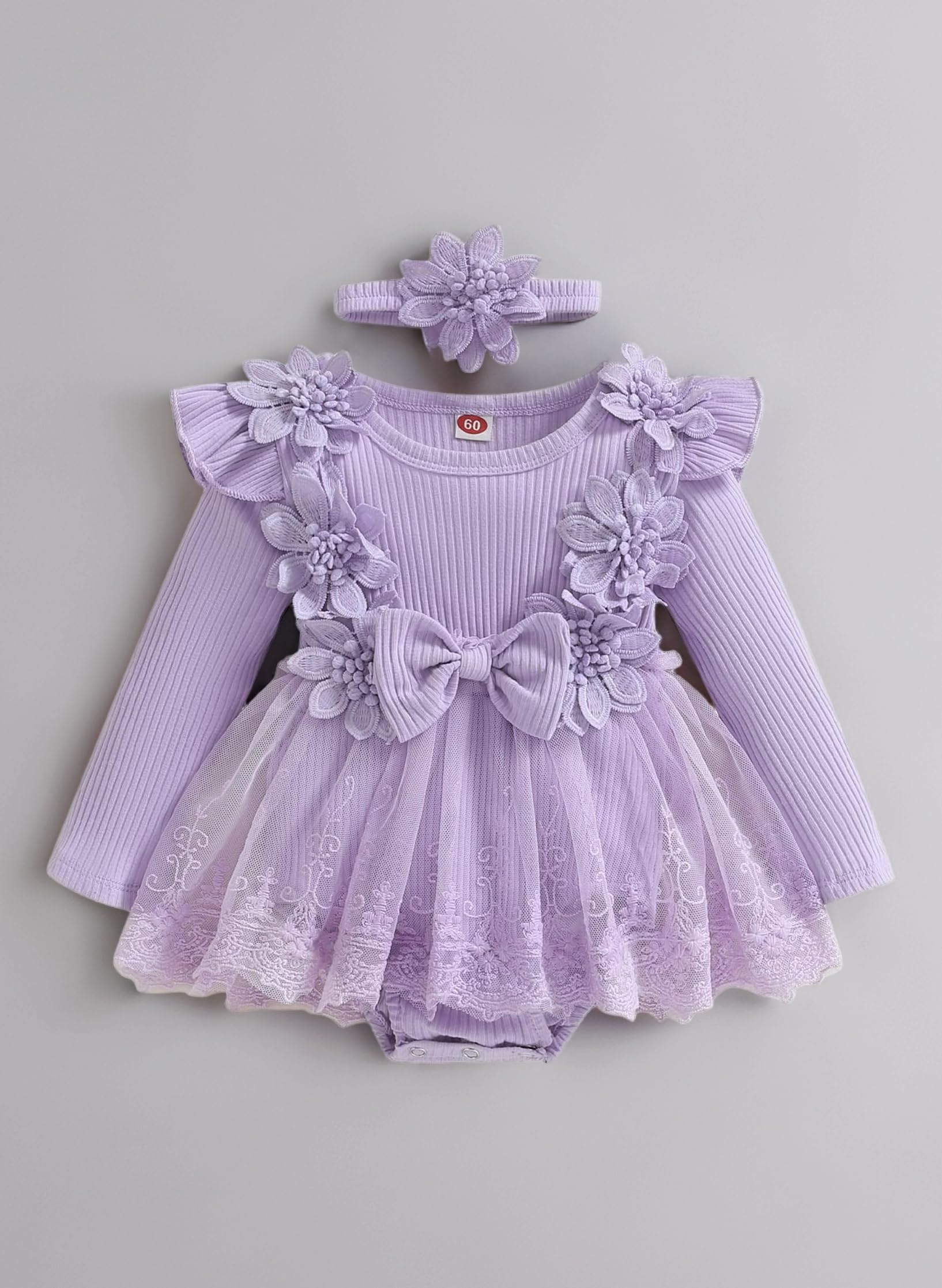 Newborn Infant Baby Girl Clothes Set Flower Lace Ruffle Long Sleeve Tutu Romper Dress Headband 2Pcs Outfits (Purple, 6-9 Months)