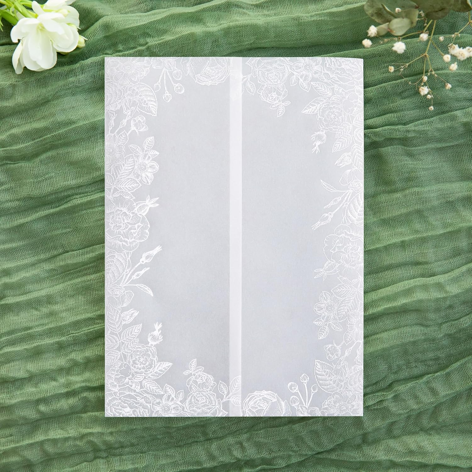 PONATIA 50PCS White Vellum Jackets for 5x7 Invitation Cards- 135GSM White Foil Print Flowers Sleeves, Vellum Paper 5x7 Wraps - Transparent Christmas Gift Cards Jackets
