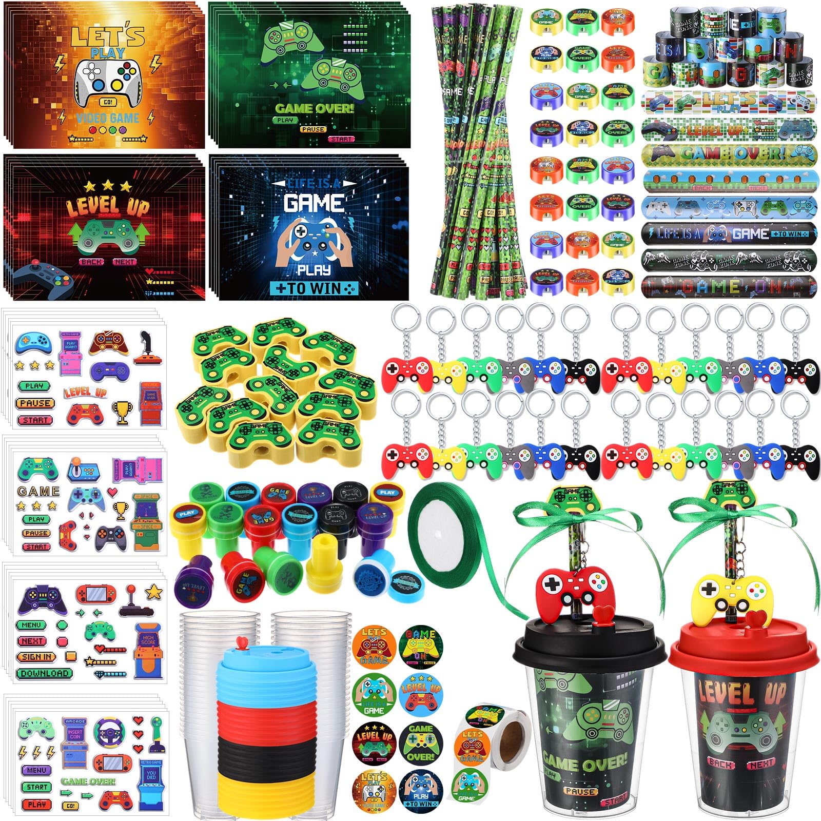 Watersay 218 Pcs Video Game Party Favors Set Includes Drink Cup with Lid Game Card Pencil Sharpener Eraser Stickers Slap Bracelet Keychain Stamp
