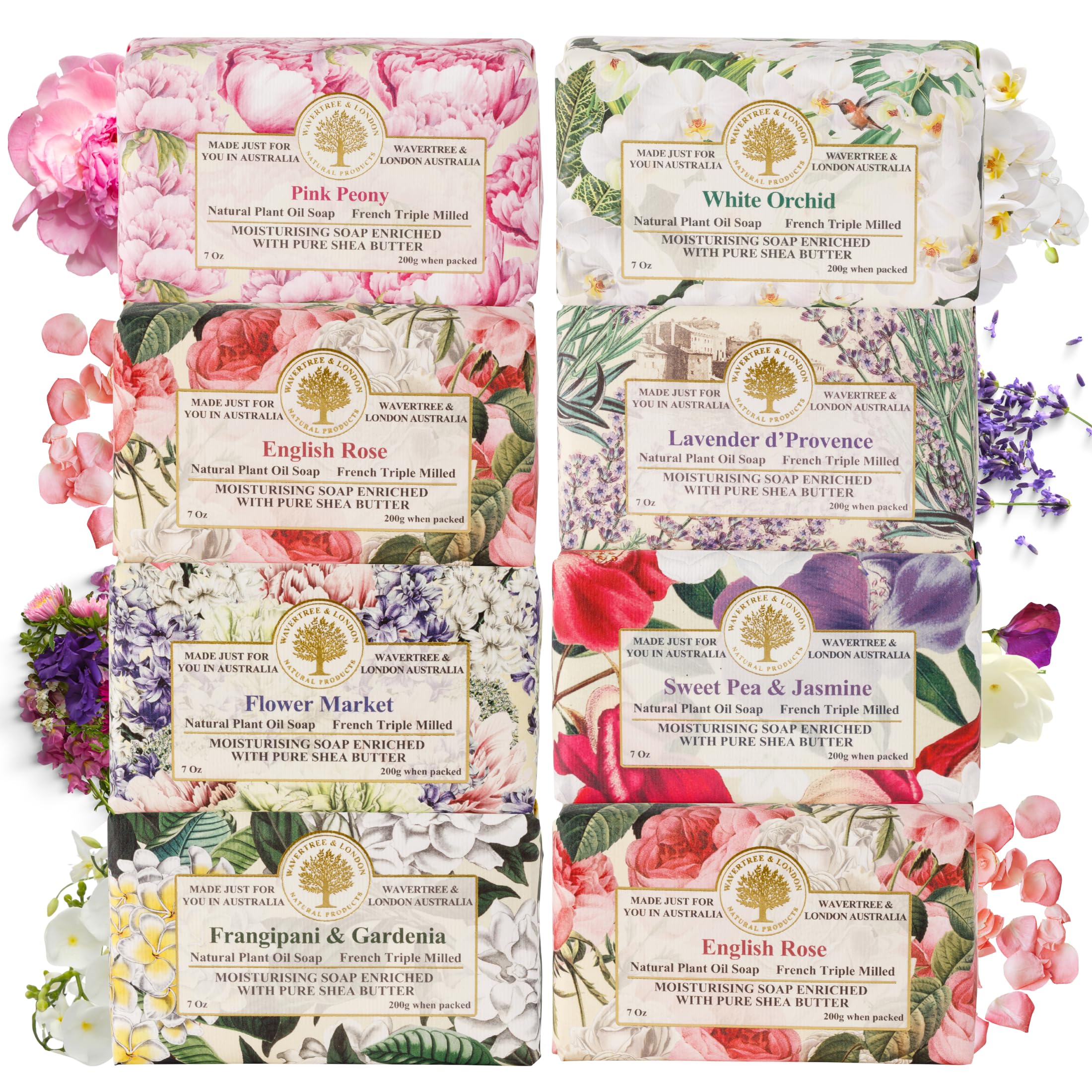 Wavertree & London Assorted Fabulous Florals Scents Natural Soap Bars (Pack of 8), 7oz Moisturizing Triple Milled Soap Bars Enriched with Shea Butter and Pure Plant Oils | All Body & Bath Soap