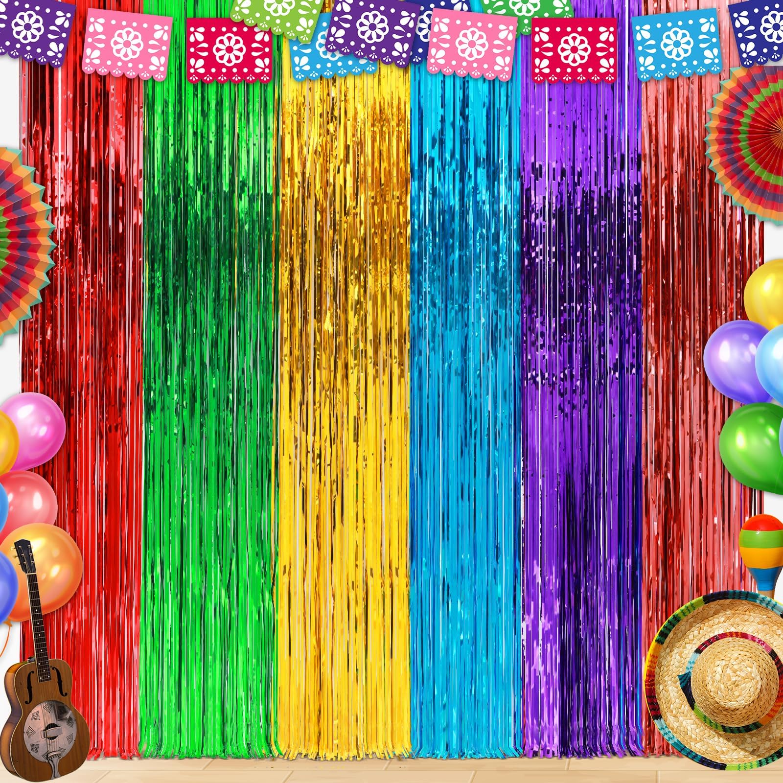 2 Stück Fiesta-Party-Dekoration Regenbogen-Folienvorhang 9x18 M – Bunt & Wiederverwendbar