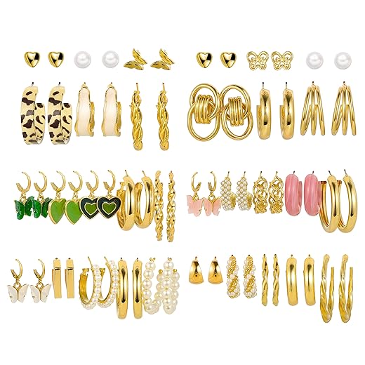 32 Pairs Brass Gold Hoop Earrings Set for Women Girls, Fashion Chain Link Hoop Stud Drop Dangle Earrings Boho Statement Hypoallergenic Earrings for Christmas Jewelry Gift