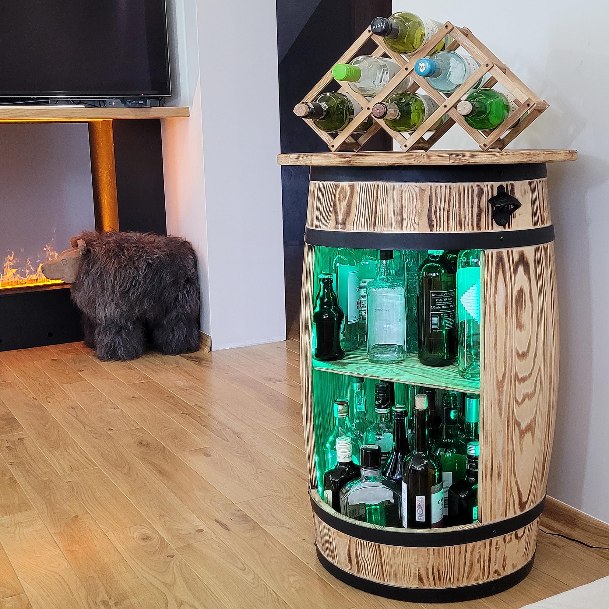 weeco Fass Bar mit Deckel und LED RGB Leuchten und Weinhalter - Flaschenständer deko - Hausbar Tabelle Gin Whisky Bier - Barschrank - Holzfass Tisch - Weinfass Stehtisch 80x50cm