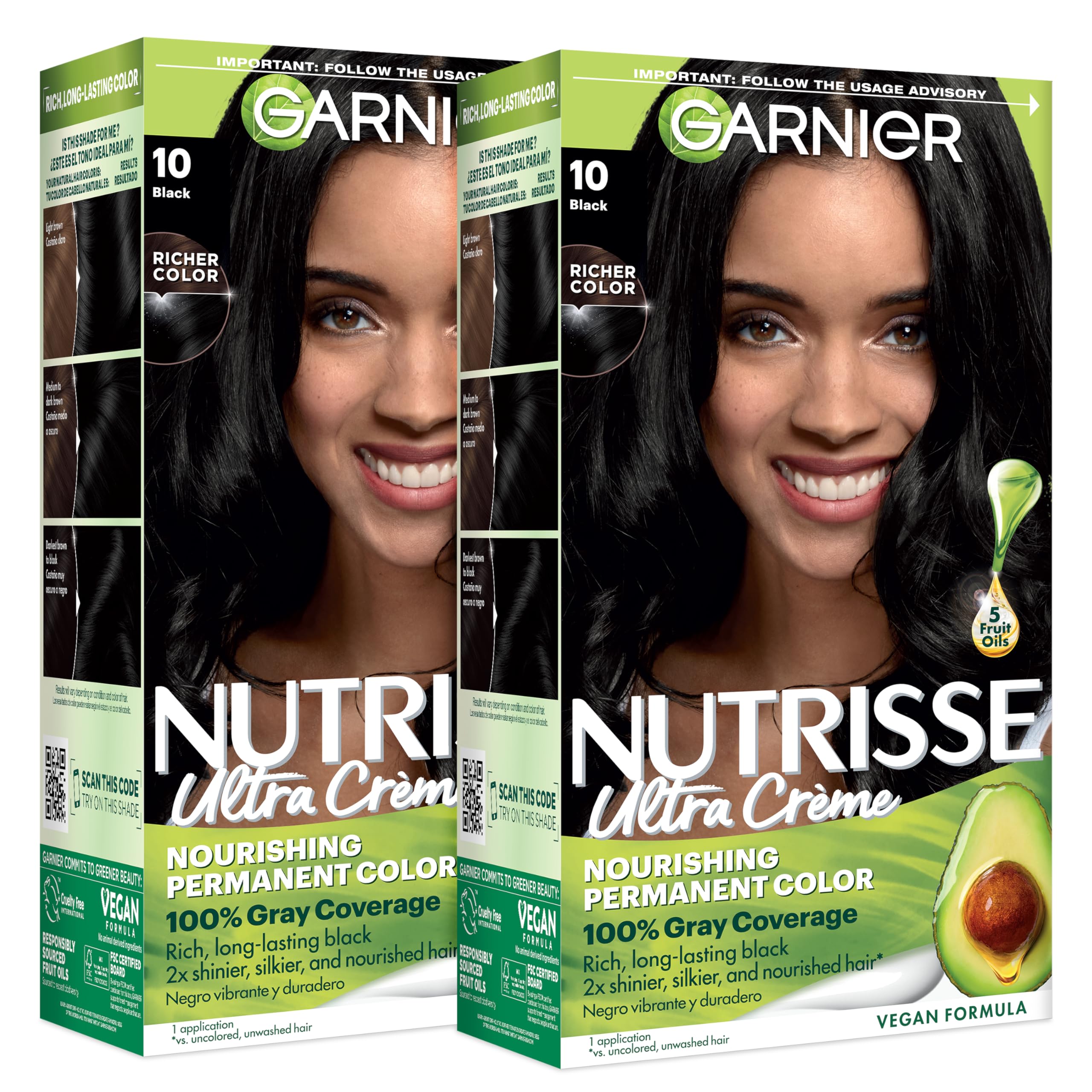 Garnier Nutrisse Ultra Crème Hair Color, Permanent Hair Dye with 100% Gray Coverage, Vegan & Cruelty-Free, 10 Black (Licorice), 2 Count 10 Schwarz (Licorice) 1 Count (Pack of 2)