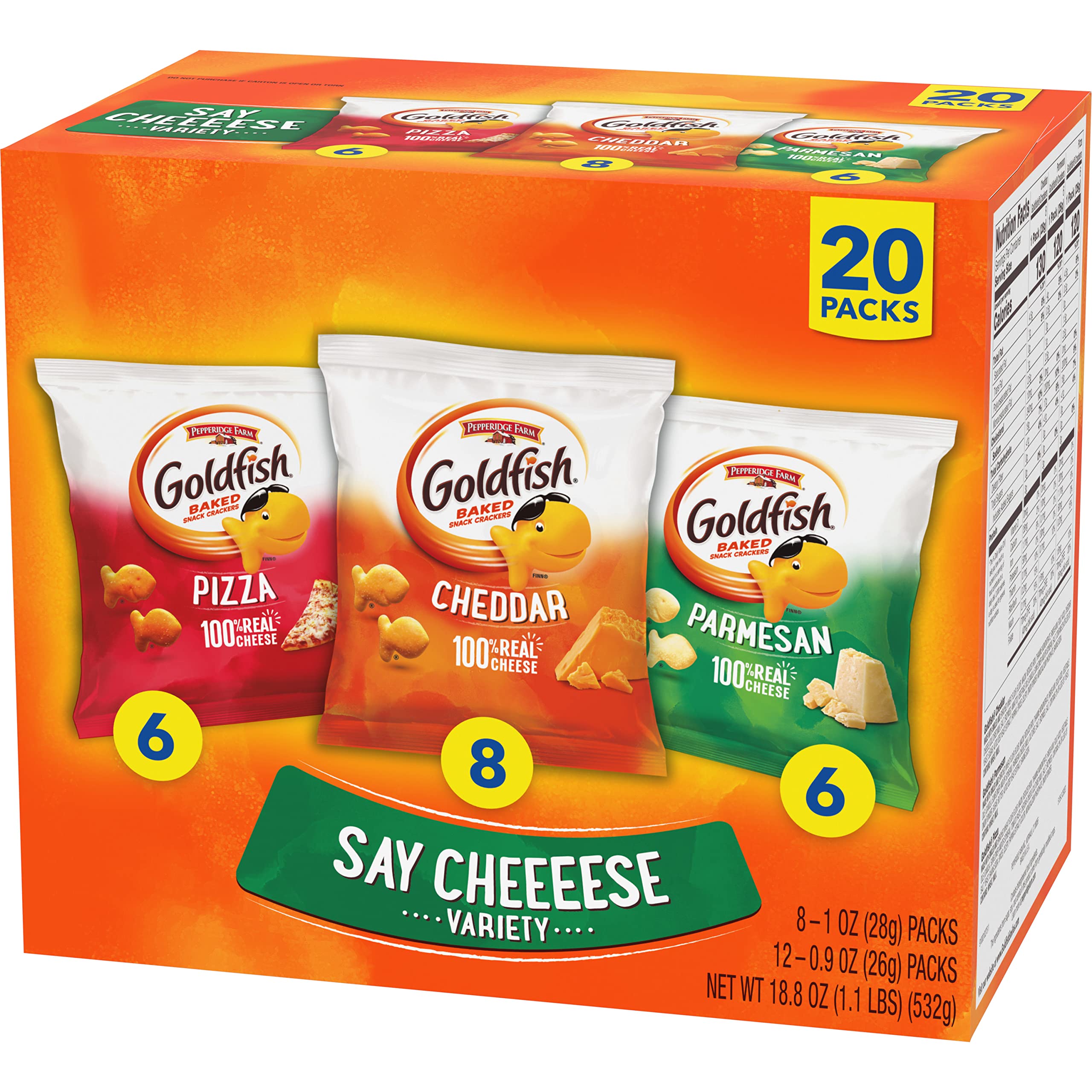 Goldfish Crackers Say Cheeeese Variety Pack with Cheddar, Pizza and Parmesan, Snack Packs, 20 Ct