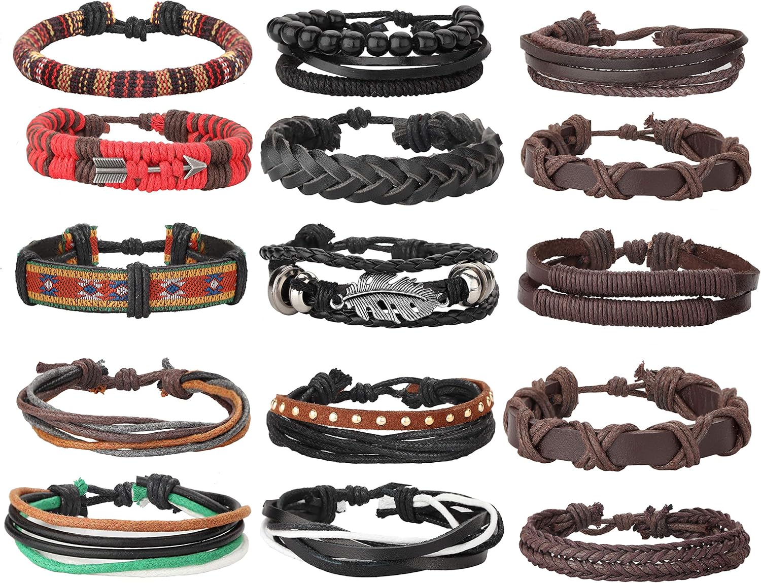 MILACOLATO 22-32 Pcs Braided Leather Bracelet for Men Women Woven Wrist Cuff Bracelets Hemp Cords Wood Beads Ethnic Tribal Handmade Wrap Adjustable - Image 2