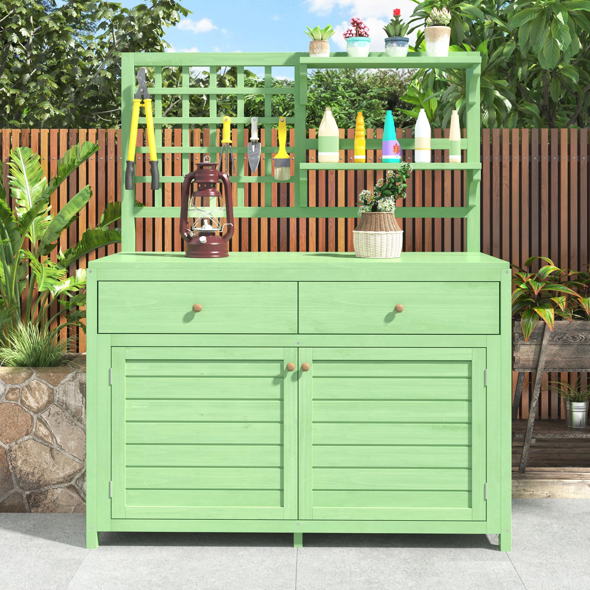 Soweiz Wooden Garden Cabinet, Garden Cabinet with Shelves, Outdoor Cabinet, Shed for Terraces, Sheds, Garden Furniture, 141 x 44 x 105 cm (Green)