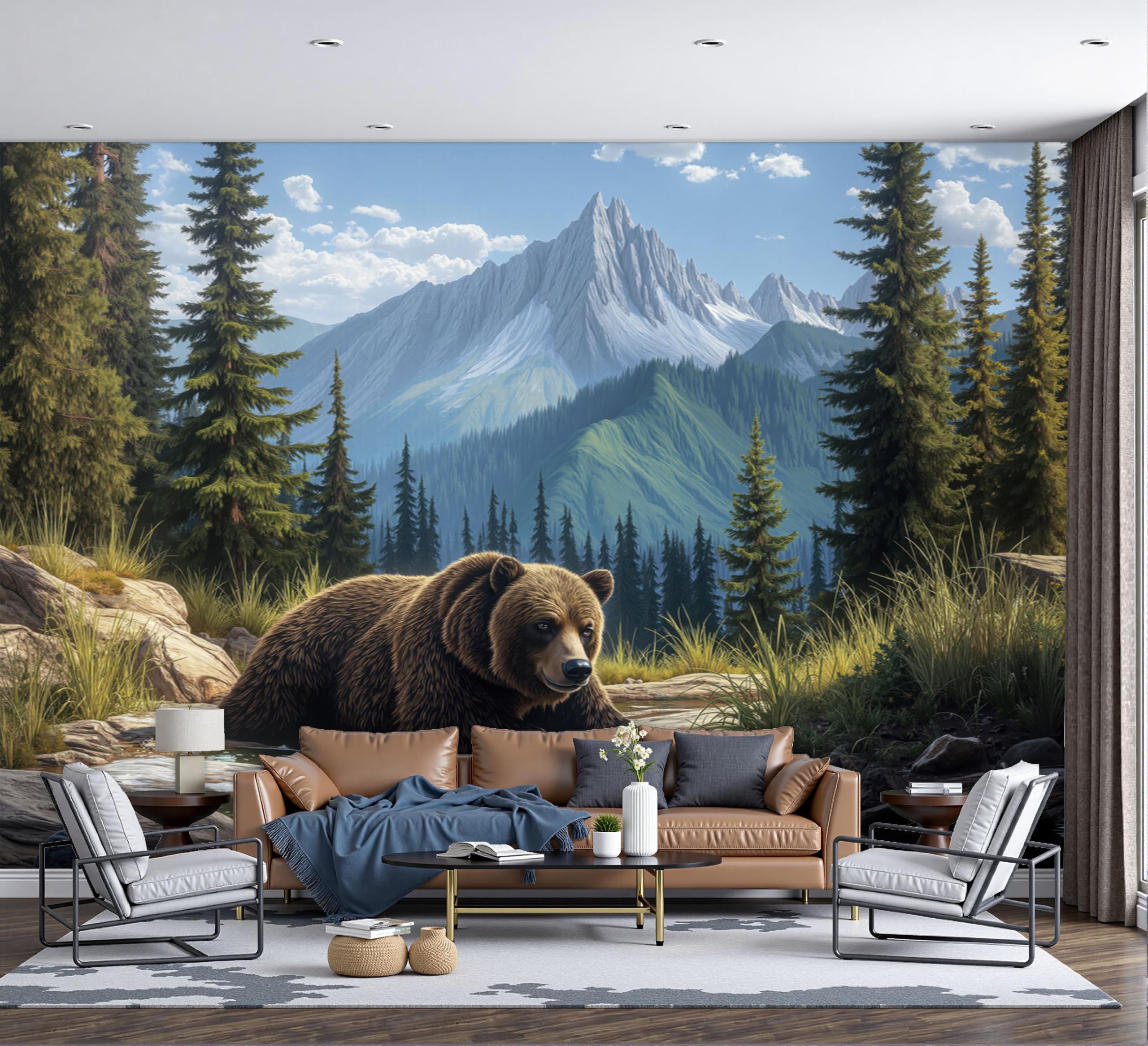 Fresque murale ours brun pour créer une ambiance chalet dans le salon