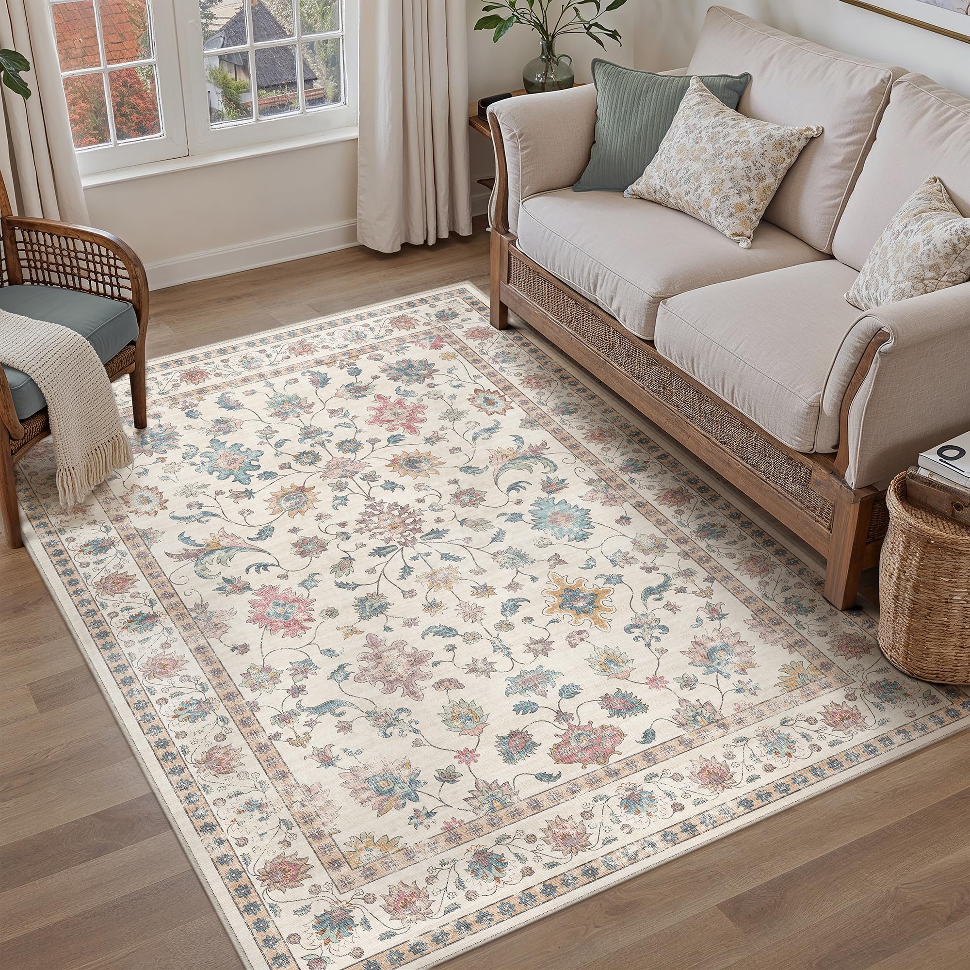 PureCozy Washable Rugs Living Room 120x170cm Vintage Floral Area Rug Non Slip Hall Lounge Bedroom Kitchen Office Dining Room Indoor Low Pile Traditional Carpet, Multicolored
