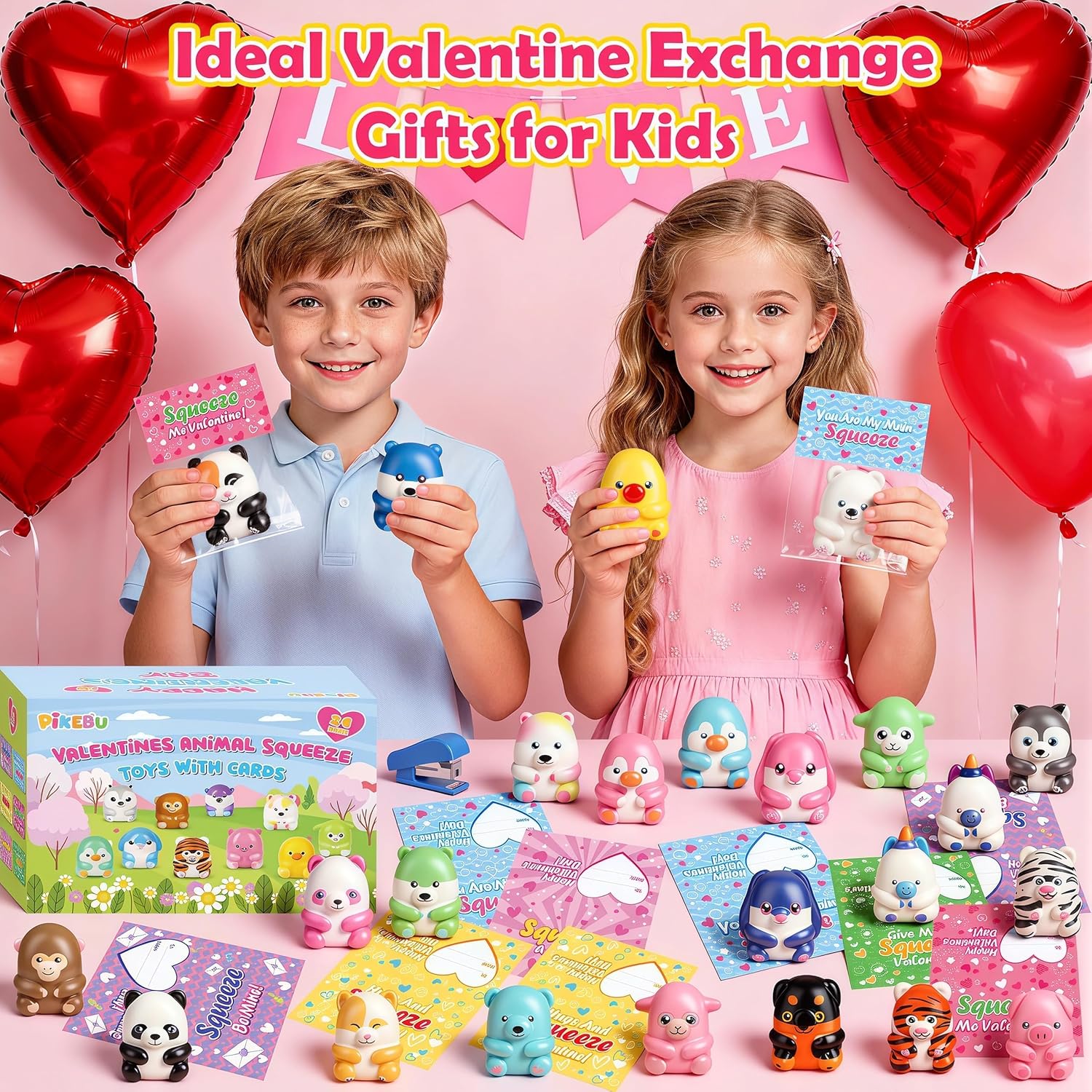 Valentines Day Cards for Kids School, 24 Pack Valentines Day Gifts for Kids, Valentines Cards with Animal Squishy Toys, Valentines Party Favors, Classroom Exchange Prizes for Boys Girls (Style 1)