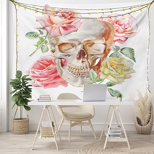 Miniatura 6 de Ambesonne Tapiz de calavera, calavera con rosas vivos y muertos, diseño romántico de cara malvada, para colgar en la pared para dormitorio, sala de