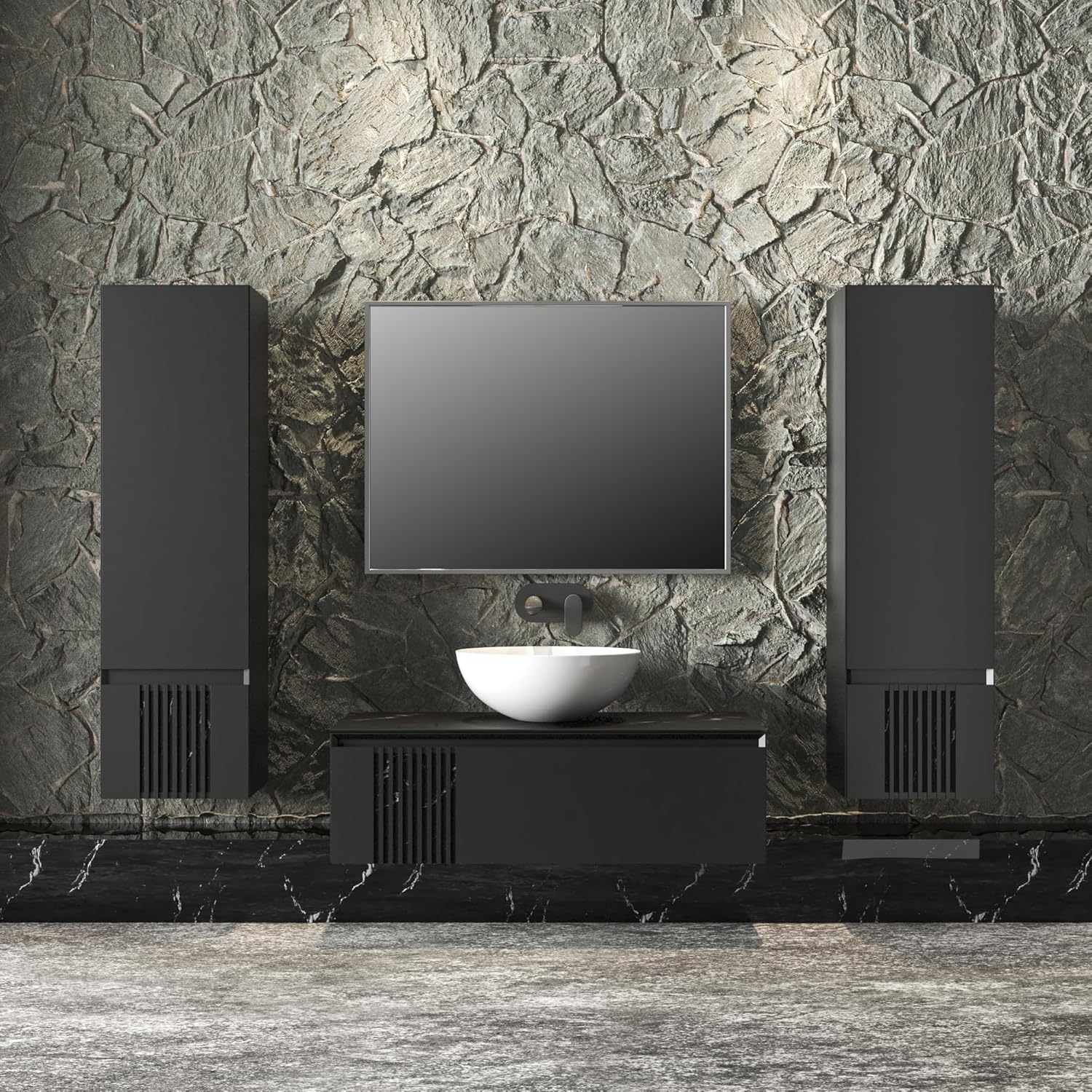 Modern Wall-Mount Bathroom Vanity with Washbasin | Manhattan Concrete Mirror | Non-Toxic Fire-Resistant MDF-40+14W-Omega Mirror R-line 24"