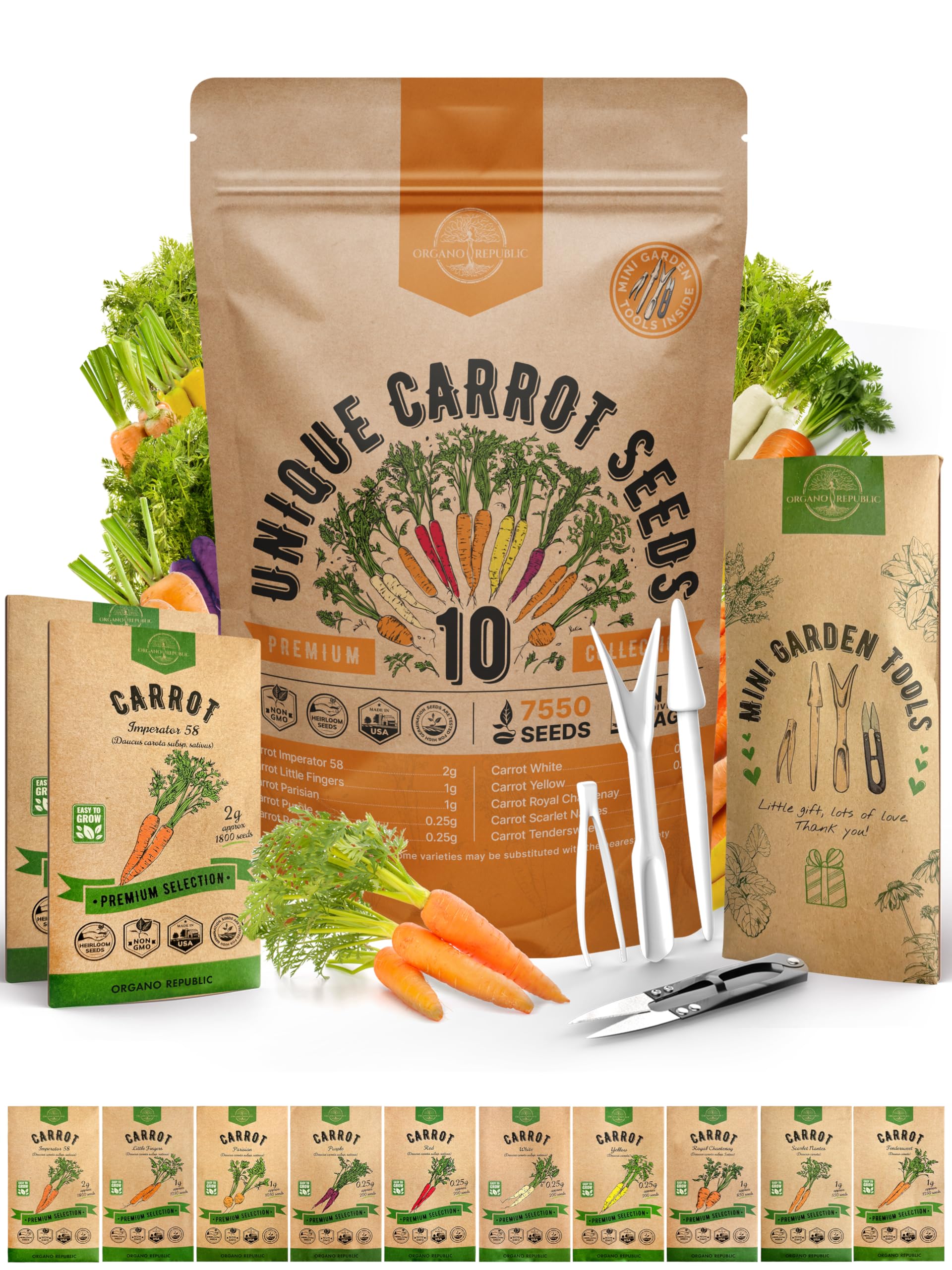 Organo Republic 10 Unique Carrot Seeds Variety Pack - 7,550+ Non-GMO Heirloom Carrot Seeds for Outdoor & Indoor Home Gardening, Including Carrot Imperator 58, Little Fingers, Scarlet Nantes, Parisian