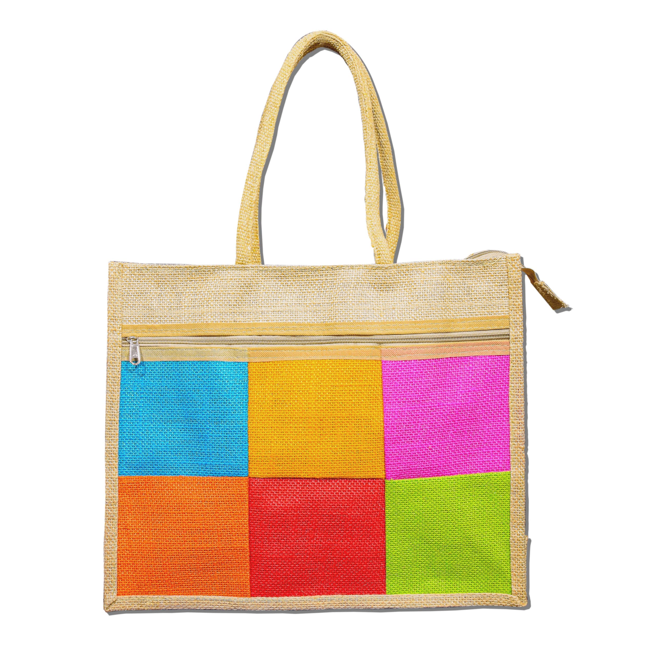 Eco-Friendly Jute Bag, Multi colour Printed Tiffin/Shopping/Grocery Hand Bag with Zip & Handle for Men and Women, Boys and Girls (40 x 33x13 cm) (Big)