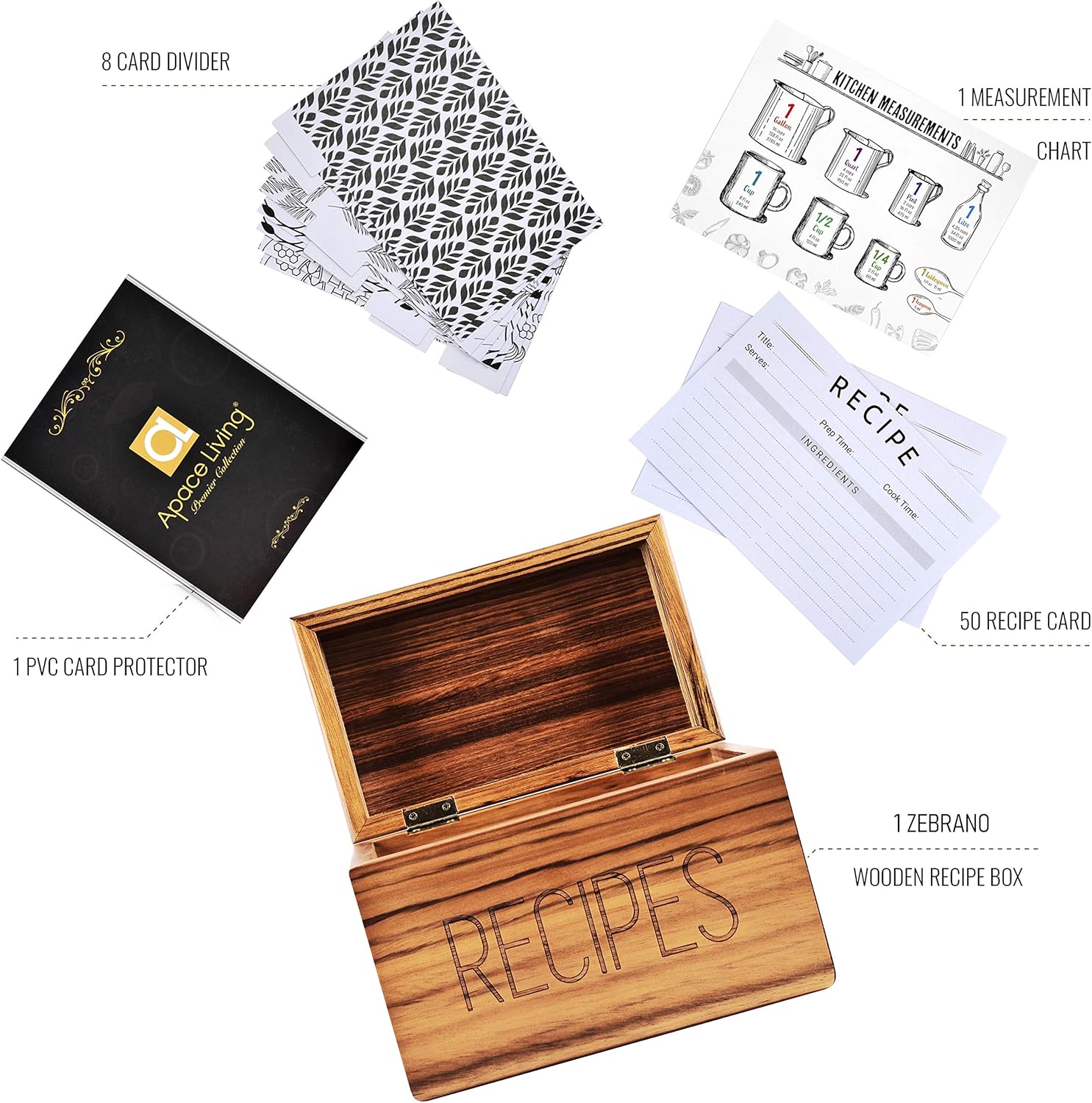 Apace Living Recipe Box with 50 Recipe Cards and Dividers - Vintage Style Sapele Wood 4x6 Recipe Holder Card Box - Exclusively from the Premier Collection - Fits 240 Cards