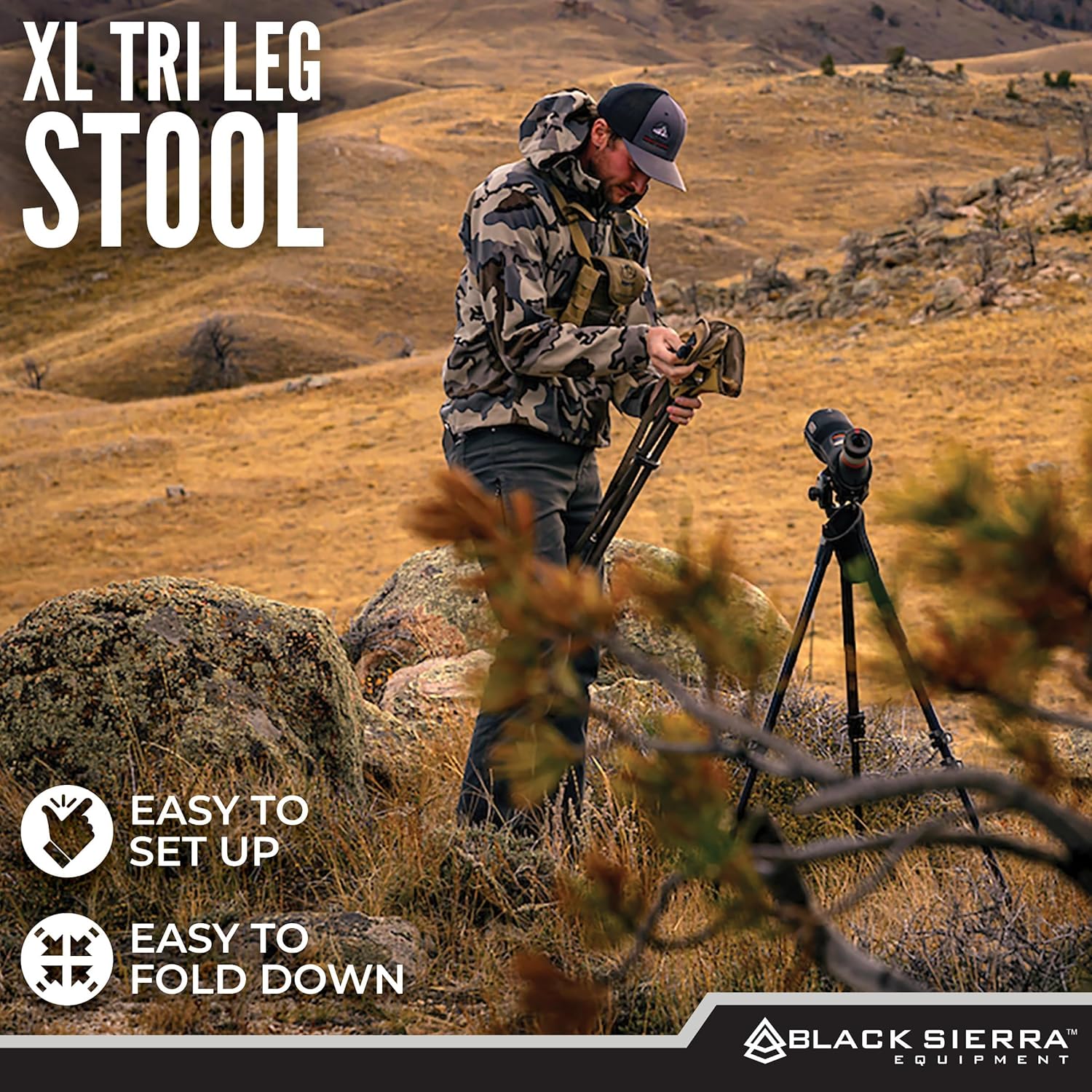 Black Sierra Folding Hunting Stool w/Shoulder Strap Supports 225 lbs, Lightweight Collapsible Tripod Seat, Foldable Steel Frame Chair Perfect for Hunting