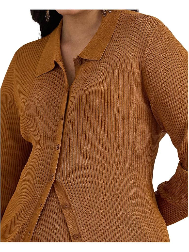 Brown Lauren Ralph Lauren Plus-Size Rib-Knit Long-Sleeve Polo Cardigan