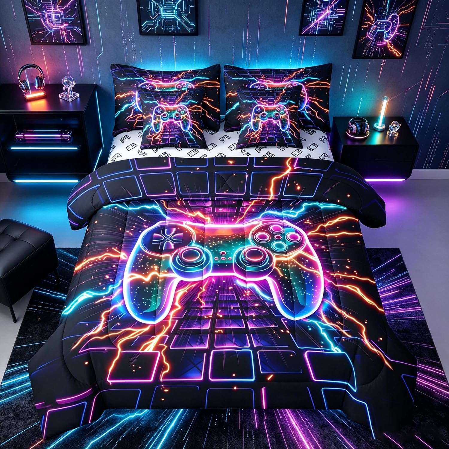 Feelyou Neon Game Controller Comforter Set King Size 7 Pieces