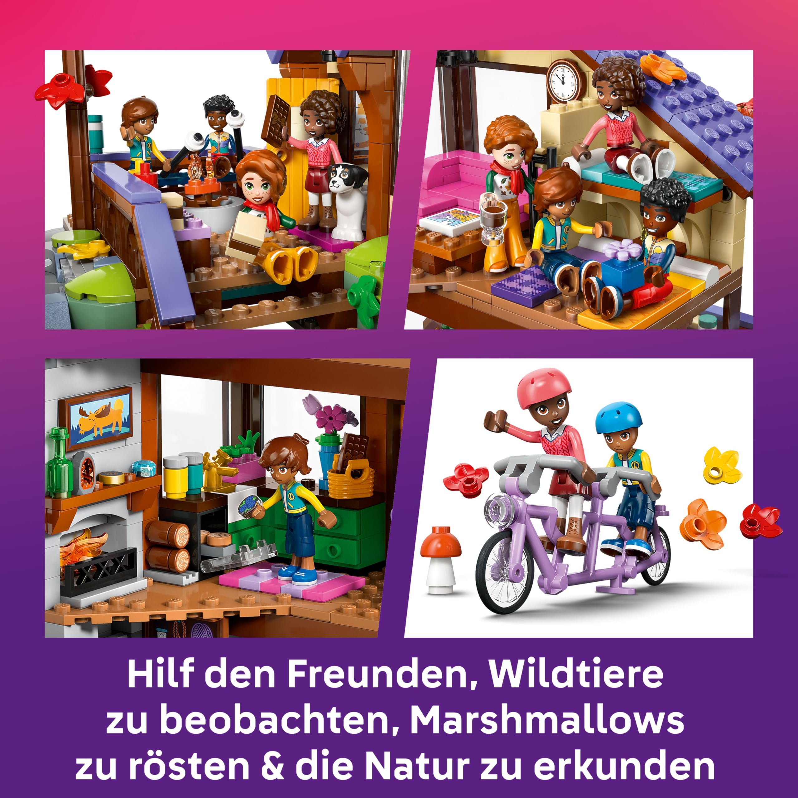 LEGO Friends Gemütliche Hütte im Herbstwald - Miniatur Spielhaus mit 4 Minifiguren, 2 Haustierfiguren & Zubehör - Kinderzimmer Deko - Geschenkidee für Mädchen ab 9 Jahren - 42705