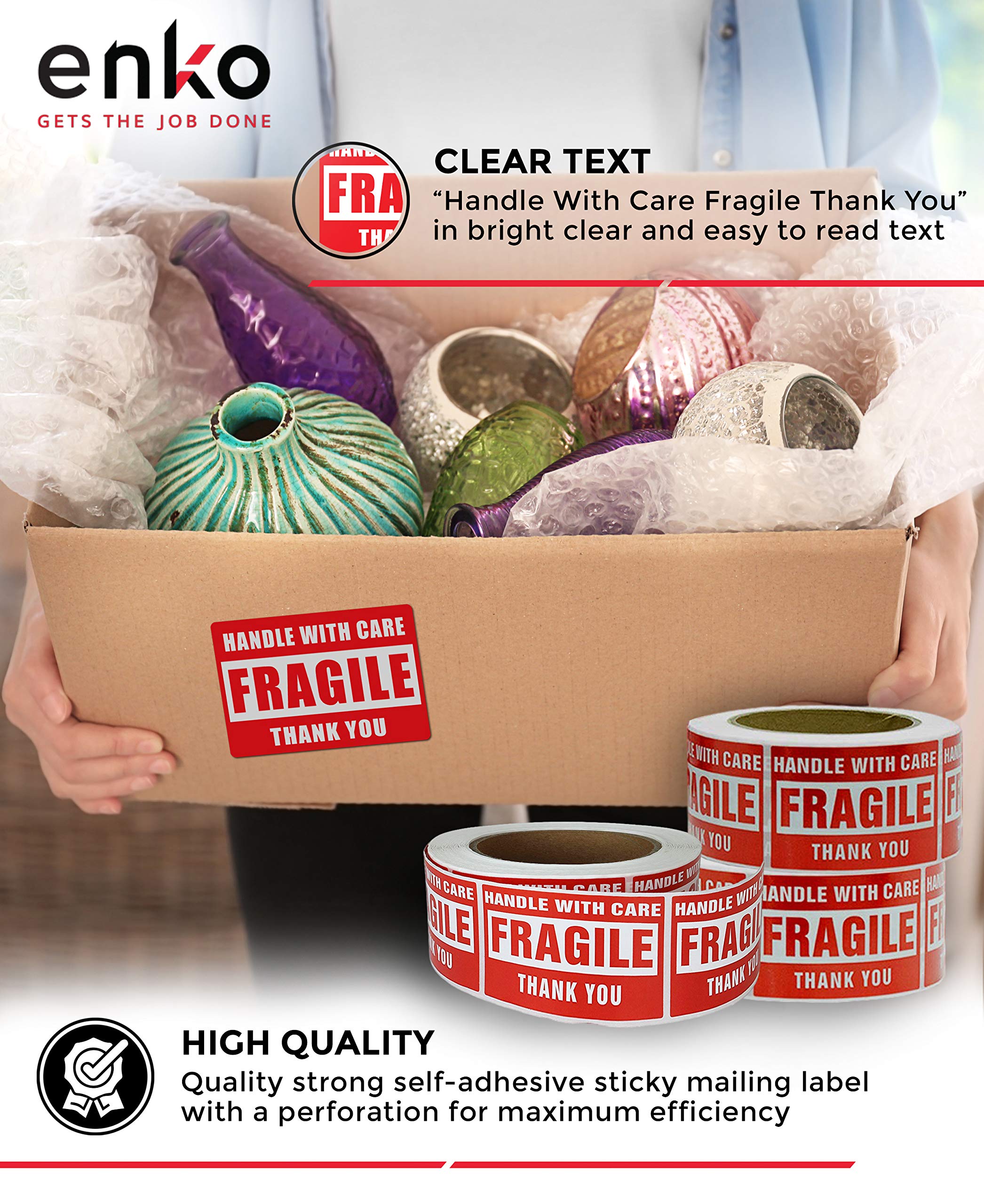 enKo - 3 x 5 Large Inch Fragile Stickers Handle with Care Warning Packing Shipping Label - Permanent Adhesive (1 Roll, 500 Labels)