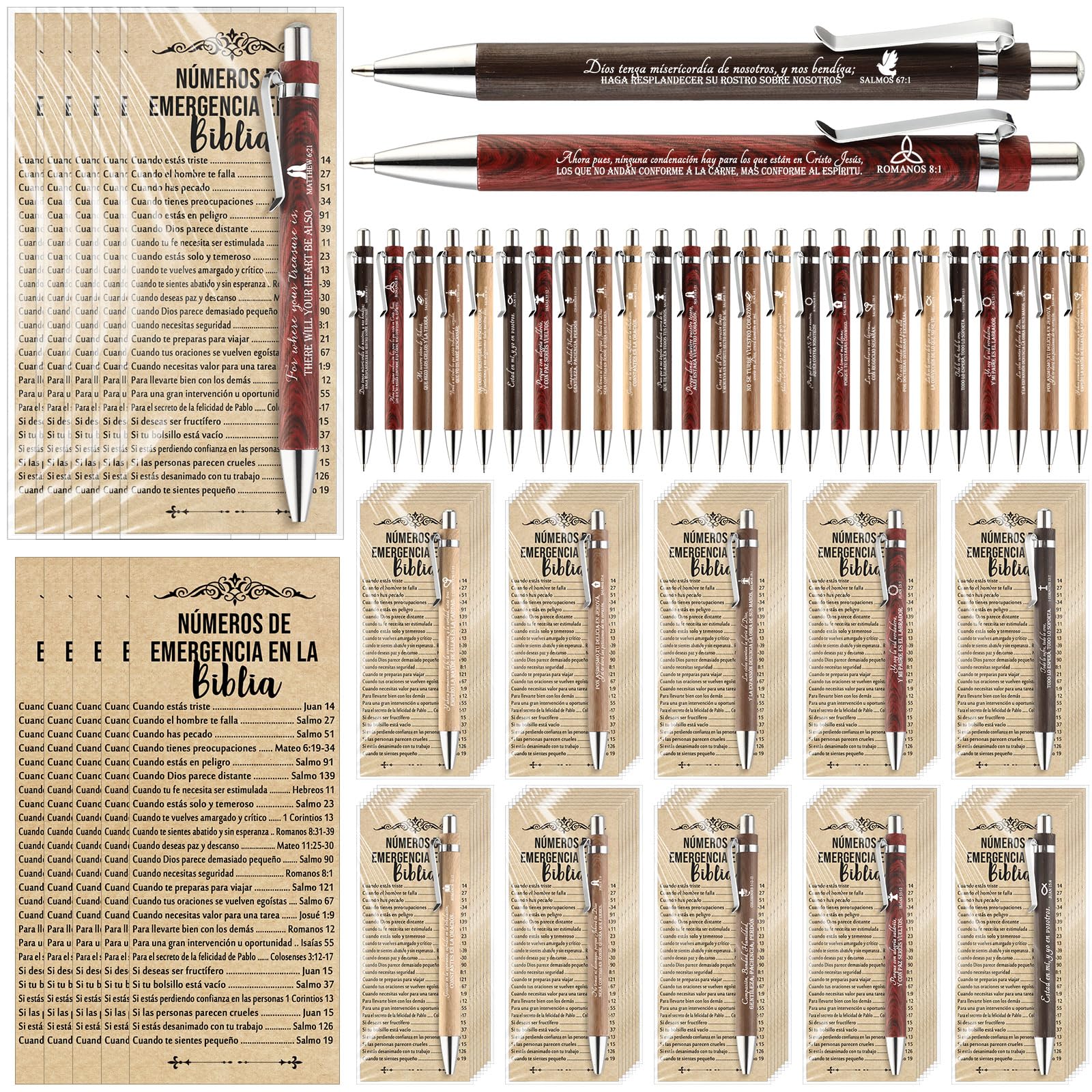 Feifeiya 25 Sets Christian Pens Bulk Bible Verse Religious Ballpoint Bamboo Pens with Bible Verse Emergency Numbers Bookmarks Church Gifts for Women