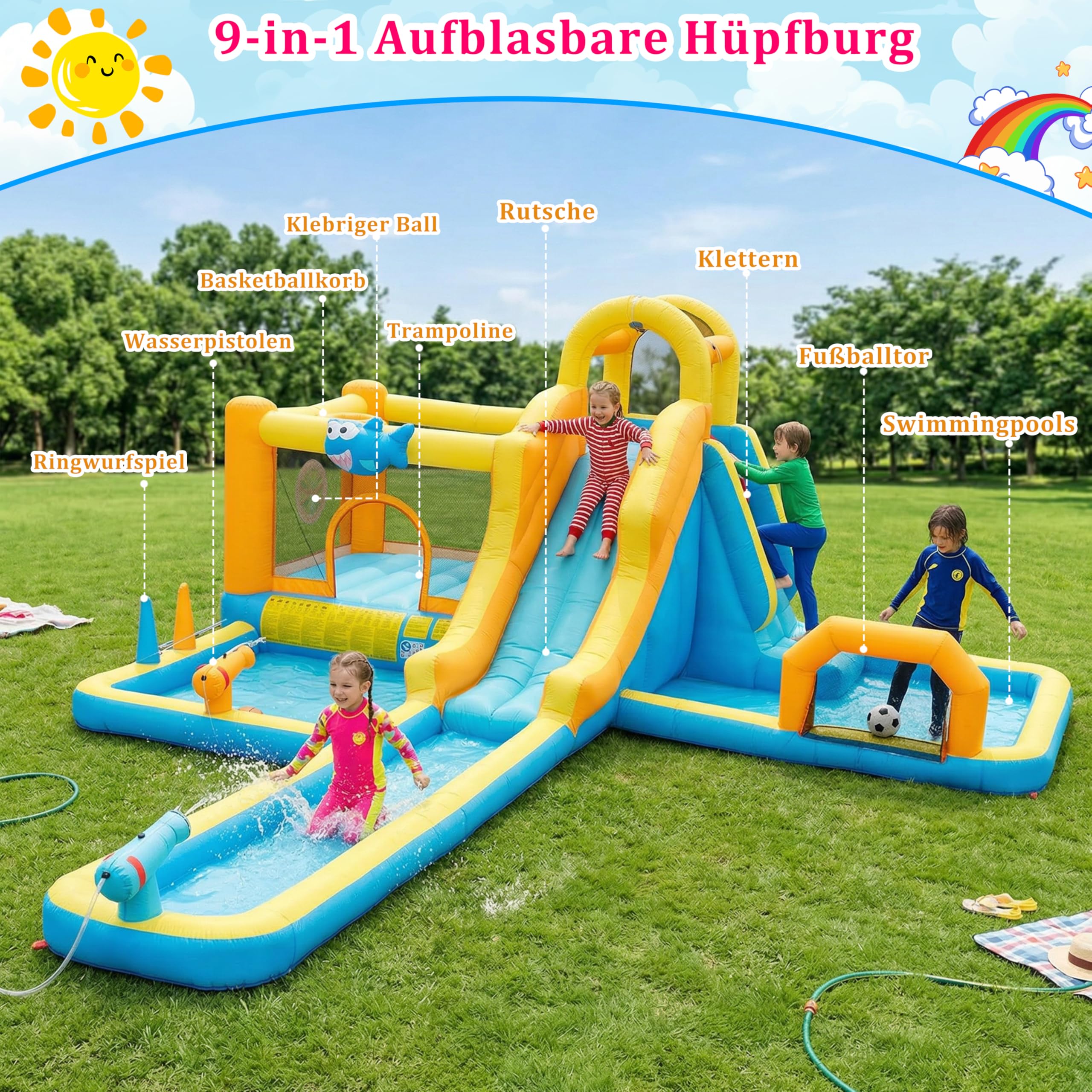 UEV Aufblasbarer 9-in-1 Hüpfburg XXL mit Gebläse, Kletterwand, Springen, Wasserpistole, Ballspielplatz, Extra Lange aufblasbare Rutsche, for Indoor & Outdoor, EN71-1/2/3, 590x502x220cm