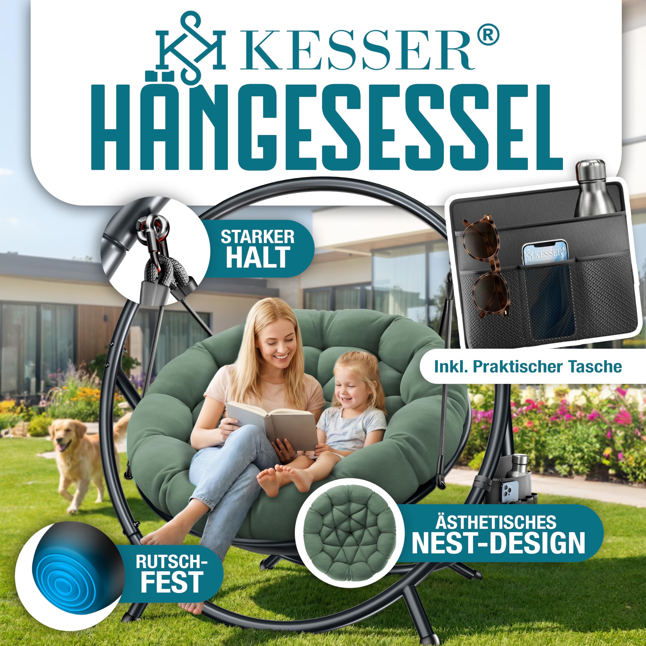 KESSER® Hängesessel mit Gestell Bali Hängeschaukel Hängestuhl bis 150kg für Indoor und Outdoor + Kissen & Seitentasche Hängekorb Stahlgestell & Schaumstoff Sitzpolster