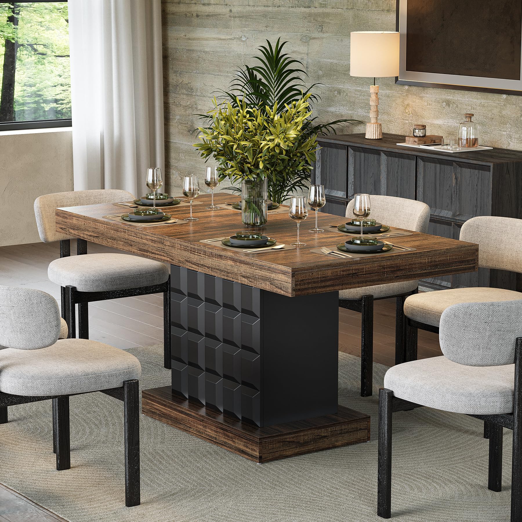 Photo 1 of LITTLE TREE 63" Modern Dining Table, Rectangular Dinner Table for 4-6, Farmhouse Kitchen Table, Sturdy Wood Pedestal Base for Kitchen/Dining Room, Rustic Brown & Black