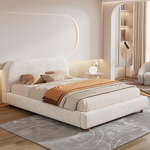 Miniatura 18 de Cama de plataforma tapizada en forma de curva con cabecera curva, marco de cama de madera tamaño Queen para niños y adultos, muebles de dormitorio,