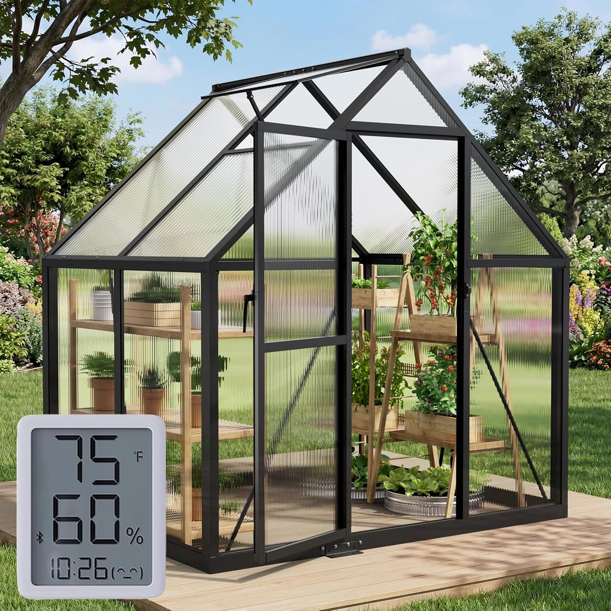 6x4FT Greenhouse with Hygrometer, Windproof Warm Plant Green Houses | Heavy Duty Aluminum Frame Polycarbonate Greenhouses with Vent Window for Backyard Garden Vegetables Flowers Herbs Growing