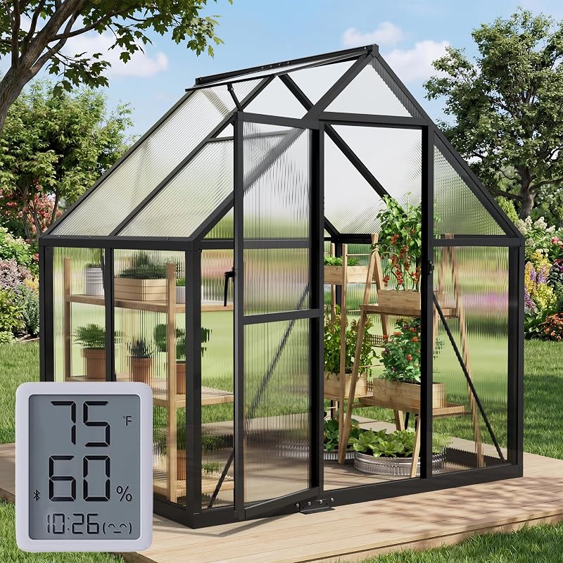 6x4FT Greenhouse with Hygrometer, Windproof Warm Plant Green Houses | Heavy Duty Aluminum Frame Polycarbonate Greenhouses with Vent Window for Backyard Garden Vegetables Flowers Herbs Growing