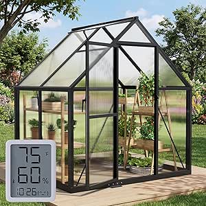 6x4FT Greenhouse with Hygrometer, Heavy Duty Aluminum Frame, Polycarbonate Panels, Vent Window for Garden