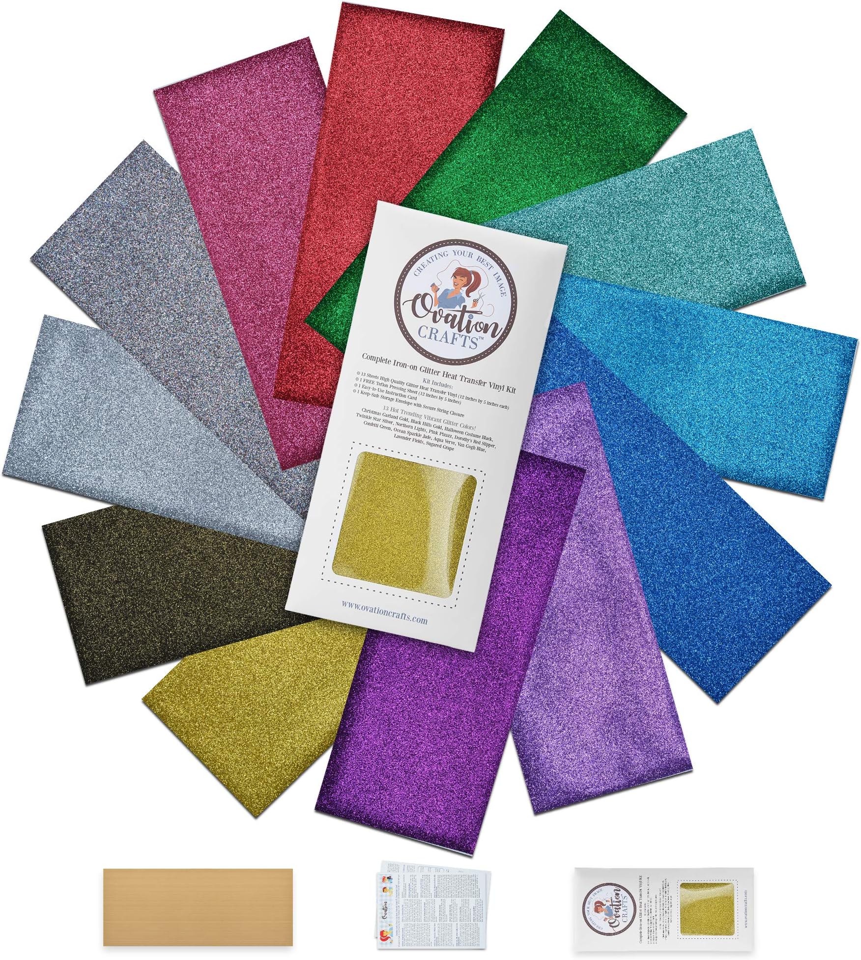 Ovation Crafts Glitter HTV Vinyl - Heat Transfer Vinyl - use with Cricutย Iron On Vinyl Bundle - Perfect for T Shirts - Sparkly Rainbow - Pressing Sheet & Great Directions are Included!